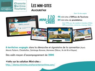 +info sur la solution Mini-sites : http://demo.minisites.encharentemaritime.com/ 
6 territoires engagés dans la démarche et signataire de la convention (Aunis Marais Poitevin, Chatelaillon, Saintonge Romane, Marennes Oléron, Ile de Ré et Royan) Des coûts moyen d’accompagnement de 200€ 
110 MINI-SITES CRÉÉS 
46 mini-sites d’Offices de Tourisme 64 mini-sites de prestataires 
LES MINI-SITES 
AUJOURD’HUI 
Dont 70% pour des meublés et chambres d’hôtes 
Dont 18 sites anglais 
30% associations, commerces, campings, hôtels…  