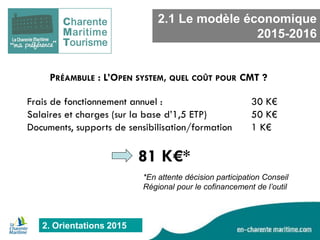 2. Orientations 2015 
2.1 Le modèle économique 2015-2016 
Frais de fonctionnement annuel : 30 K€ Salaires et charges (sur la base d’1,5 ETP) 50 K€ Documents, supports de sensibilisation/formation 1 K€ 
81 K€* 
*En attente décision participation Conseil Régional pour le cofinancement de l’outil 
PRÉAMBULE : L’OPEN SYSTEM, QUEL COÛT POUR CMT ?  