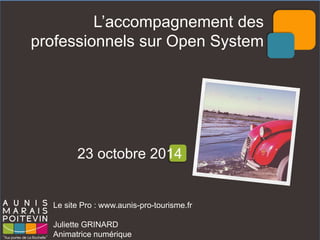 Le site Pro : www.aunis-pro-tourisme.fr 
Juliette GRINARD 
Animatrice numérique 
L’accompagnement des professionnels sur Open System 
23 octobre 2014  