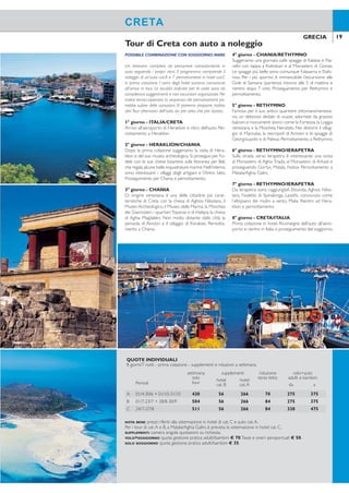 18 19GRECIA GRECIA
LUSSO E FASCINOTRADIZIONALE
TRANQUILLITÀ E COMFORT
SPECIALE AUTO INCLUSA
Totalmente rinnovato nel massimo rispetto delle sue ori-
gini, lo Spilia Village è una rara opportunità per vivere una
vacanza fuori dai classici schemi. Una splendida posizione
che unisce il fascino dell’architettura tradizionale alla calda
ospitalità e a un servizio confortevole. Consigliamo il noleg-
gio di un mezzo per visitare l’isola.
Categoria:A - Località: Spilia Kissamou
POSIZIONE: 25 km dalla città di Chania, 30 km dal
porto di Souda, 37 km dall’aeroporto di Chania e 160
km dall’aeroporto di Heraklion.
STRUTTURA E SERVIZI: si sviluppa su una su-
pericie di 4.000 mq e dispone di piscina d’acqua dolce
attrezzata con ombrelloni, lettini, piscina interna, area
giochi per bambini, connessione wi-i, parcheggio. A
pagamento: sala conferenze. Carte di credito accettate
Visa e MasterCard.
SPIAGGIA: a 3 km dalla spiaggia di Kolimbari, di sab-
bia e ciottoli, attrezzata con ombrelloni e lettini a paga-
mento.Teli mare gratuiti.Tra le spiagge più interessanti
dell’area:Falasarna (30 km),Elafonissi (50 km),Balos (16
km dal porto di Kastelli, dove partono i traghetti).
SISTEMAZIONI: 30 camere decorate in uno stile
unico e confortevolmente arredate.
Camere Standard 23 mq: dispongono di servizi
privati, asciugacapelli, cassetta di sicurezza, telefono,TV
satellitare,aria condizionata a controllo individuale,con-
nessione wi-i, balcone o terrazza.
Camere Superior 30 mq: dispongono degli stessi
servizi delle camere standard.
Suite: più ampie, dispongono degli stessi servizi delle
Camere Standard e di zona soggiorno.
Suite Superior: costituite da due camere da letto
e zona soggiorno, dispongono degli stessi servizi delle
Camere Standard. Possono ospitare massimo 4 adulti.
BAR E RISTORANTI: sala per la colazione con ser-
vizio a buffet.A pagamento: ristorante taverna “Halara”
per la cena.
ATTIVITÀ: palestra, sauna, bagno turco. A pagamen-
to: massaggi su richiesta.
SpiliaVillage Tour di Creta con auto a noleggio
CRETACRETA
POSSIBILE COMBINAZIONE CON SOGGIORNO MARE
Un itinerario completo da percorrere comodamente in
auto seguendo i propri ritmi. Il programma comprende il
noleggio di un’auto cat.A e 7 pernottamenti in hotel cat.C
in prima colazione. I nomi degli hotel saranno comunicati
all’arrivo in loco. Le località indicate per le visite sono da
considerarsi suggerimenti e non escursioni organizzate. Per
motivi tecnici-operativi, la sequenza dei pernottamenti po-
trebbe subire delle variazioni.Vi potremo proporre, inoltre,
altri Tour alternativi dell’isola sia per area che per durata.
1° giorno - ITALIA/CRETA
Arrivo all’aeroporto di Heraklion e ritiro dell’auto. Per-
nottamento a Heraklion
2° giorno - HERAKLION/CHANIA
Dopo la prima colazione suggeriamo la visita di Hera-
klion e del suo museo archeologico. Si prosegue per Fo-
dele con le sue chiese bizantine sulla litoranea per Bali,
che regala alcune belle inquadrature marine.Nell’interno,
sono interessanti i villaggi degli artigiani e l’Antro Ideo.
Proseguimento per Chania e pernottamento.
3° giorno - CHANIA
Di origine veneziana, è una delle cittadine più carat-
teristiche di Creta con la chiesa di Aghios Nikolaos, il
Museo Archeologico, il Museo della Marina, la Moschea
dei Giannizzeri, i quartieriTopanas e di Halepa, la chiesa
di Aghia Magdaleni. Non molto distante dalla città, la
penisola di Akrotiri e il villaggio di Korakies. Pernotta-
mento a Chania.
4° giorno - CHANIA/RETHYMNO
Suggeriamo una giornata sulle spiagge di Kalatas e Na-
rathi con tappa a Kolimbari e al Monastero di Gonias.
Le spiagge più belle sono comunque Falasarna e Elafo-
nissi. Per i più sportivi, è immancabile l’escursione alle
Gole di Samaria (partenza intorno alle 5 di mattina e
rientro dopo 7 ore). Proseguimento per Rethymno e
pernottamento.
5° giorno - RETHYMNO
Famosa per il suo antico quartiere ottomano/venezia-
no, un delizioso dedalo di viuzze, adornate da graziosi
balconi e monumenti storici come la Fortezza, la Loggia
veneziana e la Moschea Neratzes. Nei dintorni il villag-
gio di Maroulas, la necropoli di Armeni e le spiagge di
Georgioupolis e di Palesai. Pernottamento a Rethymno.
6° giorno - RETHYMNO/IERAPETRA
Sulla strada verso Ierapetra è interessante una sosta
al Monastero di Aghia Triada, al Monastero di Arkadi e
proseguendo Gortys, Matala, Festos. Pernottamento a
Matala/Aghia Galini.
7° giorno - RETHYMNO/IERAPETRA
Da Ierapetra sono raggiungibili Elounda, Aghios Niko-
laos, l’isoletta di Spinalonga, Lassithi, conosciuto come
l’altopiano dei mulini a vento, Malia. Rientro ad Hera-
klion e pernottamento.
8° giorno - CRETA/ITALIA
Prima colazione in hotel. Riconsegna dell’auto all’aero-
porto e rientro in Italia o proseguimento del soggiorno.
SUPPLEMENTI: mezza pensione € 182 - camera standard superior € 35 - suite € 91 periodi A-B-D, € 126
periodo C - suite superior € 224 periodo A, € 252 periodo B-D, € 343 periodo C - culla GRATIS. RIDUZIONI:
quarto letto 2/12 anni e quarto letto adulto in suite superior GRATIS. PRENOTA PRIMA: entro il 31/3 SCONTO
10% sul soggiorno.OFFERTA SPECIALE BAMBINI 2/13 ANNI:sconto € 130 sulla quota volo + auto (con minimo
2 adulti). AUTO INCLUSA: la quota volo + auto include il noleggio di un’auto per 7 notti, ritiro e consegna in
aeroporto a Heraklion o Chania (1 auto cat. A per 2/3 persone o 2 adulti+2 bambini), trasferimenti esclusi.
TRASFERIMENTI: trasferimenti privati su richiesta dall’aeroporto di Heraklion € 300, dall’aeroporto di Chania
€ 120, per persona andata e ritorno (minimo 2 persone). VOLO+SOGGIORNO: quota gestione pratica adulti/
bambini € 70.Tasse e oneri aeroportuali € 50. SOLO SOGGIORNO: quota gestione pratica adulti/bambini € 35.
QUOTE INDIVIDUALI
8 giorni/7 notti - prima colazione - supplementi e riduzioni a settimana
Periodi
settimana
solo
tour
supplementi riduzione
terzo letto
volo+auto
adulti e bambinihotel
cat. B
hotel
cat.A da a
A 01/4-30/6 + 01/10-31/10 420 56 266 70 275 375
B 01/7-23/7 + 28/8-30/9 504 56 266 84 275 375
C 24/7-27/8 511 56 266 84 338 475
NOTA BENE: prezzi riferiti alla sistemazione in hotel di cat. C e auto cat.A.
Per i tour di cat.A e B, a Matala/Aghia Galini, è prevista la sistemazione in hotel cat. C.
SUPPLEMENTI: camera singola quotazioni su richiesta.
VOLO+SOGGIORNO: quota gestione pratica adulti/bambini € 70.Tasse e oneri aeroportuali € 50.
SOLO SOGGIORNO: quota gestione pratica adulti/bambini € 35.
QUOTE INDIVIDUALI
8 giorni/7 notti - prima colazione - supplementi e riduzioni a settimana
Periodi
settimana
solo
soggiorno
suppl.
camera
singola
riduzioni volo+auto
adulti e bambini
terzo letto
adulto*
terzo letto
2-12 anni da a
A 01/4-14/6 + 21/9-31/10 497 252 126 GRATIS 413 513
B 15/6-12/7 + 28/8-20/9 574 294 147 GRATIS 413 513
C 13/7-20/8 763 378 189 GRATIS 475 613
D 21/8-27/8 574 294 147 GRATIS 475 613
 