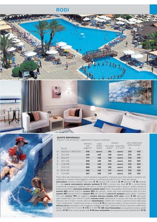 22 23GRECIA GRECIA
RODI
OTTIMA POSIZIONE SULLA SPIAGGIA
AMBIENTE CURATO E CONFORTEVOLE
ANIMAZIONE ANCHE IN ITALIANO
FORMULA ALL INCLUSIVE
CLIENTELA INTERNAZIONALE
Ampio Resort con ambienti confortevoli, completamente
rinnovato, è conosciuto e apprezzato dalla clientela ita-
liana. La sua invidiabile posizione e i numerosi servizi lo
rendono ideale per una vacanza rilassante o per scoprire
i tesori dell’isola di Rodi ricca di scorci affascinanti e carica
di storia.
Categoria: Lusso - Località: Kallithea
POSIZIONE: si trova sul litorale che si affaccia
sull’ampia baia di Kallithea, a 3 km da Reni Koskinou, a 6
km dalla città di Rodi, raggiungibile tramite servizio bus
di linea con fermata a pochi passi dall’hotel e a 20 km
dall’aeroporto.Trasferimento dall’aeroporto di Rodi: 30
minuti circa.
STRUTTURA E SERVIZI: 2 piscine di acqua dolce,
2 piscine di acqua di mare,1 piscina coperta riscaldata,1
piscina di acqua dolce per bambini e uno scivolo gigante
lungo 70 metri, area piscine attrezzata con ombrello-
ni e lettini, area giochi per bambini, connessione wi-i,
aniteatro, parcheggio. A pagamento: internet service,
sala conferenze, servizio lavanderia, minimarket, nego-
zi, gioielleria, boutique, coiffeur. I clienti dell’Amilia Mare
possono usufruire di tutti i servizi dell’adiacente Hotel
Paradise Village. Carte di credito accettate Visa, Master-
Card,American Express, Diners (non elettroniche).
SPIAGGIA: direttamente sulla bella spiaggia di sabbia
e ciottoli, attrezzata con ombrelloni e lettini gratuiti, teli
mare disponibili su deposito cauzionale.
SISTEMAZIONI: 615 camere, totalmente rinnovate.
Camere Standard: dispongono di servizi privati,
asciugacapelli, telefono, TV satellitare, aria condiziona-
ta centralizzata dal 15/6 al 15/9, minifrigo, balcone o
terrazza vista giardino o vista mare, omaggio in camera
all’arrivo di acqua minerale. A pagamento: minibar e
cassetta di sicurezza.
Camere Family: dispongono degli stessi servizi delle
camere standard e sono costituite da 2 ambienti se-
parati da porta scorrevole. Possono ospitare minimo/
massimo 2 adulti e 2 bambini.
BAR E RISTORANTI: ristorante principale “Sym-
possio” per la colazione e la cena con servizio a buffet,
area riservata “Aldy” con menù speciale per bambini;
ristorante italiano “La Pergola” con servizio a buffet
e show cooking per la pizza (su prenotazione per la
cena), beach bar “Albatros” con servizio a buffet per il
pranzo, ristorante “Dionysos” con servizio a buffet per
il pranzo e à la carte per la cena (su prenotazione)
con specialità francesi, beach bar “Nautilus” con buffet
messicano per il pranzo.Bar,cocktail bar,pool bar,beach
bar e night club. L’hotel richiede i pantaloni lunghi per
l’ingresso ai ristoranti per la cena.
All Inclusive: pensione completa con servizio a buf-
fet e bevande incluse ai pasti (acqua minerale naturale,
vino locale sfuso, soft drinks, succhi di frutta e birra lo-
cale alla spina). Servizio bar compreso nell’All Inclusive,
dalle ore 10.00 alle ore 24.00 con acqua minerale na-
turale, bevande alcoliche e analcoliche locali, ouzo, raki,
gin, vodka, rum, tequila, whisky, long drinks, soft drinks,
succhi di frutta, vino e birra locali alla spina, ilter coffee,
caffè espresso e cappuccino, snack e gelati sfusi durante
la giornata. Sono esclusi dalla formula All Inclusive le
bevande consumate dopo la mezzanotte, il minibar, gli
extra presso i ristoranti à la carte.
ATTIVITÀ: 2 campi da tennis con illuminazione a
pagamento, ping pong, bocce, minigolf, scacchi giganti,
beach volley, calcetto, sala TV, discoteca. Programma di
animazione diurna e serale e miniclub 4/12 anni (a orari
prestabiliti) curati da staff internazionale (italiano com-
preso).A pagamento: sala giochi, biliardo, centro itness/
benessere con palestra, sauna, massaggi, bagno turco,
idromassaggio; windsurf, sci nautico, pedalò, canoa, rings,
banana boat. Centro diving nelle vicinanze, campo da
golf a 10 km, centro equitazione a 15 km.
RODI
Amilia Mare
QUOTE INDIVIDUALI
8 giorni/7 notti all inclusive - supplementi e riduzioni a settimana
settimana
solo
soggiorno
suppl.
camera
singola
riduzioni volo+trasferimenti
adulti e bambiniterzo letto
adulto*
terzo letto
2-12 anni*Periodi da a
A 26/5-01/6 + 29/9-31/10 476 GRATIS 105 GRATIS 335 435
B 02/6-29/6 630 168 140 GRATIS 335 435
C 30/6-27/7 777 168 168 GRATIS 335 435
D 28/7-10/8 840 168 182 GRATIS 423 569
E 11/8-24/8 994 168 210 GRATIS 423 569
F 25/8-31/8 868 168 196 GRATIS 335 435
G 01/9-14/9 686 168 147 GRATIS 335 435
H 15/9-28/9 567 168 119 GRATIS 335 435
Prezzi riferiti alla sistemazione in camere standard vista giardino. *riduzione terzo letto adulto e bambino non
applicabile in Camere Family. Soggiorno minimo: 3 notti periodi A-B-C-F-G-H, 7 notti altri periodi.
SUPPLEMENTI: Camera standard vista mare € 35 periodi A-B-C-D-E-G, € 49 periodo F, € 56 periodo
H - culla GRATIS. SUPPLEMENTO SERVIZIO SUPERIOR: € 112 in camera vista mare, € 91 in camera family
(comprende accappatoio, ciabattine, teli mare in camera, giornalmente frutta e acqua in camera, servizio di
pulizia pomeridiana). RIDUZIONI BAMBINI IN CAMERA FAMILY: family vista giardino terzo/quarto letto 2/12 anni
SCONTO 60% periodi A-B-G-H, SCONTO 50% altri periodi - family vista mare terzo/quarto letto 2/12 anni
SCONTO 50% periodi A-B-G-H, SCONTO 40% altri periodi. 1 ADULTO+1 BAMBINO: quota adulto + bambino
2/12 anni SCONTO 70% sul soggiorno. OFFERTA SPECIALE BAMBINI 2/12 ANNI sconto € 60 sulla quota
volo+trasferimenti (con minimo 2 adulti). SPECIALE SPOSI: sistemazione in camera vista mare (se disponibile
all’arrivo), iori e frutta in camera all’arrivo. TRASFERIMENTI: collettivi per minimo 2 persone inclusi nella quota
“volo+trasferimenti”; trasferimenti privati su richiesta € 70 per persona andata e ritorno (minimo 2 persone).
SPECIALE AUTO: prenotazioni volo+soggiorno: noleggio cat.A per 7 giorni per minimo 2 persone, trasferimenti
esclusi, 15/5-30/6+01/10-16/10 € 115, 01/7-30/9 € 160. VOLO+SOGGIORNO: quota gestione pratica adulti/
bambini € 70.Tasse e oneri aeroportuali € 50. SOLO SOGGIORNO: quota gestione pratica adulti/bambini € 35.
 