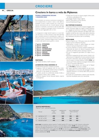 NOTA BENE: occupazione cabine massimo 2 adulti; bambini 0/12 anni non accolti. Consumo carburante,
tasse portuali, eventuali forniture di acqua e corrente elettrica (220V): € 80 per persona per l’intera
settimana da pagare direttamente in loco al momento dell’imbarco. TRASFERIMENTI: collettivi inclusi nella
quota “volo+trasferimenti”; solo trasferimenti € 30 per persona andata e ritorno. VOLO+CROCIERA: quota
gestione pratica adulti/bambini € 70.Tasse e oneri aeroportuali € 50. SOLO CROCIERA: quota gestione
pratica adulti/bambini € 35.
48 49GRECIA GRECIA
Crociera in barca a vela da Mykonos
CROCIERE CROCIERE
POSSIBILE COMBINAZIONE CROCIERA
+ SOGGIORNO MARE
Per chi desidera una vacanza avventurosa e possiede spi-
rito di adattamento, la crociera in barca a vela offrirà la
possibilità di vivere a stretto contatto con il mare parte-
cipando attivamente alla vita di bordo. Questo esclusivo
itinerario vi consentirà di ammirare le isole più belle delle
Cicladi, un susseguirsi di paesaggi naturali e incontaminati,
alcuni dei quali raggiungibili solo via mare.
La navigazione si svolge durante il giorno e ci si può dedi-
care alla pesca e al relax; durante le soste nelle splendide
baie è possibile praticare lo snorkeling, fare il bagno o ef-
fettuare escursioni. La sera la barca è attraccata in porto e
si possono visitare i pittoreschi villaggi, cenare e trascorrere
la serata nelle tipiche taverne greche o a bordo.
1° giorno - MYKONOS
2° giorno - PAROS
3° giorno - IRAKLIA
4° giorno - SCHINOUSSA
5° giorno - KOUFONISSI
6° giorno - NAXOS
7° giorno - MYKONOS
8° giorno - MYKONOS
PARTENZE
ogni Sabato dal 06/6 al 26/9 compresa
LE BARCHE AVELA: BAVARIA 44
Caratteristiche tecniche e dotazioni di bordo:
• lunghezza 13,60 mt, larghezza 4,25 mt circa, moto-
re 55 hp, 2 vele (Randa standard, Genoa avvolgibile),
elettricità 12 volt, tender con fuoribordo
• 4 cabine, piccole ma confortevoli, dotate di letto a
una piazza e mezza o letti a castello
• All’arrivo vengono fornite lenzuola, federe, coperte
e asciugamani
• Doppi servizi privati con doccia, angolo cottura, salo-
ne interno, radio/lettore CD
• Equipaggio: Skipper (lingua inglese)
Ulteriori informazioni sul sito internet:
www.sunfosalessiayachting.gr
DA PORTARE IN BARCA
È necessario limitare al minimo il proprio bagaglio utiliz-
zando comunque valigie non rigide di medie dimensio-
ni (1 bagaglio per persona). Si consiglia un abbigliamen-
to comodo e sportivo, biancheria da bagno, telo mare,
cappello, occhiali da sole, creme solari, giacca antivento,
pullover per la sera, carica batterie da auto per il cellu-
lare, attrezzatura da pesca e per lo snorkeling.
NOTA BENE
•Imbarco dopo le ore 17.00, sbarco entro le ore 09.00
(Nuovo porto di Mykonos-Tourlos).
•Sistemazione a bordo in cabina doppia con tratta-
mento di solo pernottamento (7 notti).
•La prima colazione e il pranzo vengono preparati di-
rettamente dai clienti con alimenti acquistati colletti-
vamente; cena libera presso ristoranti e taverne.
•2/4 ore di navigazione giornaliere (93 miglia circa, in
totale).
•Durante la navigazione gli ospiti saranno invitati a col-
laborare per lo svolgimento di alcune attività di bordo.
•Consumo carburante, tasse portuali, eventuali forni-
ture di acqua e corrente elettrica (220V): € 80 per
persona per l’intera settimana da pagare direttamente
in loco al momento dell’imbarco.
•È buona norma lasciare una mancia per lo Skipper
(circa € 15/20 per persona in totale).
•Per ragioni operative, meteorologiche e/o per neces-
sità organizzative e di sicurezza dei passeggeri, la barca
utilizzata, l’itinerario e la durata delle soste potranno
subire variazioni.
•Le quote non comprendono: colazioni, pasti, bevande,
escursioni facoltative, extra non menzionati.
Fuggire per un giorno dalle spiagge affollate di Mykonos...
per trascorrere una giornata in barca a vela alla scoperta
dell’Isola di Rhenia, nota anche come la “Grande Delos” e
raggiungibile solo via mare.
Vivere il mare nel suo silenzio, rilassarsi su una spiaggia
privata dell’isola disabitata, immergersi e fare snorkeling
nelle acque cristalline, pranzare a bordo… Un’esperienza
unica e indimenticabile.
Partenze giornaliere dal 18/4 al 18/10 dal nuovo porto
di Mykonos (Tourlos) ore 10:30, durata 6/7 ore.
Prezzo per persona (incluso pranzo a bordo,1 bevanda,
acqua e caffè):Adulti € 75 - Bambini 2/11 anni € 45.
QUOTE INDIVIDUALI
8 giorni/7 notti - solo pernottamento
Periodi
settimana
solo
crociera
supplemento
cabina
singola
volo+trasferimenti
adulti e bambini
da a
A dal 06/6 al 11/7 690 500 303 403
B dal 18/7 al 29/8 690 500 365 503
C dal 05/9 al 26/9 690 500 303 403
Giornata in barca a vela all’Isola di Rhenia
 