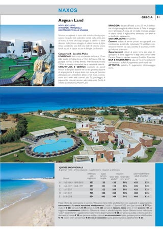 50 51GRECIA GRECIA
NAXOS
Aegean Land
COME SI RAGGIUNGONO
Naxos e Paros sono raggiungibili con traghetto o
aliscafo da Mykonos (durata della traversata 1/3
ore circa) o da Santorini (durata della traversata
3/6 ore circa). Per ragioni operative si potranno
rendere necessarie attese, anche di alcune ore, ai
porti di Mykonos o Santorini oppure uno o più
pernottamenti in transito.
ESCURSIONI PRENOTABILI IN LOCO
Giro dell’isola - Delos e Mykonos - Santorini
I prezzi e i programmi delle escursioni verranno
comunicati in loco. Informazioni a pag. 94-95.
SOGGIORNI COMBINATI
CON PAROS: Ios, Naxos, Mykonos, Santorini.
CON NAXOS: Ios, Paros, Mykonos, Santorini.
Paros. Nel cuore delle Cicladi, è per estensione la terza isola dell’arcipelago. Offre
relax e divertimento ed è una meta molto amata dalla clientela italiana, per i
paesaggi e gli splendidi litorali. Tra le spiagge più belle: Kolimbithres, incantevole
baia di sabbia e ghiaia circondata da rocce scenograiche, Nea Chrissi Akti/New
Golden Beach, le ‘spiagge dorate’ per il colore della sabbia, preferita dagli amanti
del windsurf e Krios, una delle più belle, collegata con un servizio di caicchi.
Naxos.La più grande e selvaggia delle Cicladi e la meno sfruttata turisticamente,ha
conservato intatti un paesaggio incontaminato e un’atmosfera tranquilla. Lunghe
spiagge di sabbia bianca e ine, pittoreschi villaggi, una vegetazione rigogliosa
nell’entroterra,i tesori archeologici e il vivace folclore locale rendono Naxos un’isola
da scoprire e da vivere.Tra le spiagge più belle:Aghios Georgios, vicina al centro di
Naxos,Aghios Prokopios,una delle migliori dell’Egeo e le tranquille e incontaminate
di Aghia Anna, Plaka e Kastraki.
NAXOS E PAROS
Una scelta tra relax e divertimento
HOTEL ESCLUSIVO
ATMOSFERATRANQUILLA
DIRETTAMENTE SULLA SPIAGGIA
Struttura accogliente, in tipico stile cicladico, situata in po-
sizione tranquilla nella splendida cornice della verde isola
di Naxos, di fronte alla lunga spiaggia di sabbia e a breve
distanza dalla famosa spiaggia di sabbia bianca di Aghia
Anna, considerata una delle più belle di tutta la Grecia.
Ideale sia per le coppie sia per le famiglie con bambini.
Categoria: B - Località: Plaka
POSIZIONE: sulla costa occidentale dell’isola,a 3,5 km
dalla località di Aghia Anna, a 9 km da Naxos città, rag-
giungibili con bus di linea, fermata nelle vicinanze.A circa
150 mt si trovano minimarket, bar e tradizionali taverne.
STRUTTURA E SERVIZI: costituito da piccoli
blocchi a due piani disposti nel curato giardino, dispone
di ampia piscina di acqua dolce con zona per bambini,
attrezzata con ombrelloni, lettini e teli mare, connes-
sione wi-i nelle aree comuni, sala TV, parcheggio. A
pagamento: internet service, sala conferenze. Carte di
credito accettateVisa, MasterCard.
SPIAGGIA: davanti all’hotel, a circa 70 mt, la bellissi-
ma e lunga spiaggia di sabbia dorata di Plaka, la spiaggia
non è attrezzata.A circa 2,5 km dalla rinomata spiaggia
di sabbia bianca di Aghia Anna, attrezzata con lettini e
ombrelloni a pagamento.
SISTEMAZIONI: 59 camere.
Camere: dotate di servizi privati, asciugacapelli, aria
condizionata a controllo individuale,TV satellitare, con-
nessione internet via cavo, cassetta di sicurezza, minifri-
go, balcone o terrazza.
Appartamenti: ubicati al piano terra, più ampi, di-
spongono di zona soggiorno e degli stessi servizi delle
Camere.Possono ospitare massimo 2 adulti e 2 bambini.
BAR E RISTORANTI: sala per la prima colazione
con servizio a buffet.A pagamento: pool-snack bar.
ATTIVITÀ: palestra. A pagamento: idromassaggio,
sauna.
NAXOS
PARIKIA
(PAROS)
Kolimbithres
Naoussa
Antiparos
Nea Chrissi Akti
Aghia Anna
Plaka
Stelida
QUOTE INDIVIDUALI
8 giorni/7 notti - prima colazione - supplementi e riduzioni a settimana
Periodi
settimana
solo
soggiorno
suppl.
camera
singola
riduzioni volo+trasferimenti
adulti e bambiniterzo letto
adulto*
terzo letto
2-12 anni* da a
A 15/5-15/6 + 18/9-30/10 357 133 133 50% 425 525
B 16/6-11/7 + 26/8-17/9 497 301 112 50% 425 525
C 12/7-23/7 735 322 350 50% 425 525
D 24/7-31/7 735 322 350 50% 488 625
E 01/8-25/8 854 483 364 50% 488 625
Prezzi riferiti alla sistemazione in camere. *Riduzione terzo letto adulti/bambini non applicabili in appartamento.
SUPPLEMENTI: culla GRATIS. RIDUZIONE APPARTAMENTO 2 adulti + 2 bambini 2/12 anni: (per camera) € 392 pe-
riodo A, € 203 periodo B, € 49 periodi C-D, € 231 periodo E. PRENOTA PRIMA: entro il 31/3 SCONTO 10% sul
soggiorno. TRASFERIMENTI: collettivi a Mykonos e Naxos + aliscafo/traghetto da/per Mykonos inclusi nella quota
“volo+ trasferimenti” - supplemento trasferimenti da/per Santorini € 50 per persona andata e ritorno; solo tra-
sferimenti a Naxos € 30 per persona andata e ritorno. VOLO+SOGGIORNO: quota gestione pratica adulti/bambini
€ 70.Tasse e oneri aeroportuali € 50. SOLO SOGGIORNO: quota gestione pratica adulti/bambini € 35.
 