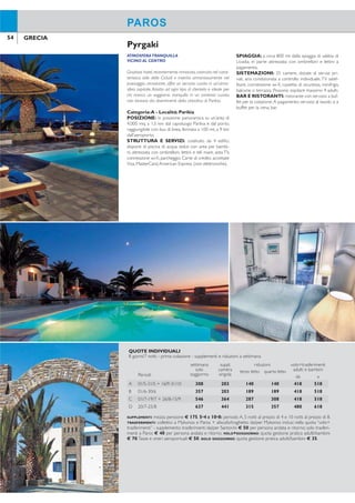 54 55GRECIA GRECIA
PAROSPAROS
ATMOSFERATRANQUILLA
VICINO AL CENTRO
Grazioso hotel,recentemente rinnovato,costruito nel carat-
teristico stile delle Cicladi e inserito armoniosamente nel
paesaggio circostante, offre un servizio curato in un’atmo-
sfera ospitale.Adatto ad ogni tipo di clientela e ideale per
chi ricerca un soggiorno tranquillo in un contesto curato,
non lontano dai divertimenti della cittadina di Parikia.
Categoria:A - Località: Parikia
POSIZIONE: in posizione panoramica su un’area di
4.000 mq, a 1,5 km dal capoluogo Parikia e dal porto,
raggiungibile con bus di linea, fermata a 100 mt, a 9 km
dall’aeroporto.
STRUTTURA E SERVIZI: costituito da 4 ediici,
dispone di piscina di acqua dolce con area per bambi-
ni, attrezzata con ombrelloni, lettini e teli mare, area TV,
connessione wi-i, parcheggio. Carte di credito accettate
Visa, MasterCard,American Express (non elettroniche).
SPIAGGIA: a circa 800 mt dalla spiaggia di sabbia di
Livadia, in parte attrezzata con ombrelloni e lettini a
pagamento.
SISTEMAZIONI: 25 camere, dotate di servizi pri-
vati, aria condizionata a controllo individuale,TV satel-
litare, connessione wi-i, cassetta di sicurezza, minifrigo,
balcone o terrazza. Possono ospitare massimo 4 adulti.
BAR E RISTORANTI: ristorante con servizio a buf-
fet per la colazione.A pagamento: servizio al tavolo o a
buffet per la cena, bar.
Pyrgaki
OTTIMA POSIZIONE
DIRETTAMENTE SULLA SPIAGGIA
Struttura in tipico stile cicladico, con ampi spazi e zone
verdi, situato direttamente sul mare in posizione tranquil-
la nella bellissima baia di Naoussa. Molto conosciuto e
apprezzato dalla clientela italiana è l’ideale per coppie
e famiglie per una vacanza informale e rilassante in un
contesto suggestivo ed esclusivo.
Categoria:A - Località: Kolymbithres
POSIZIONE: a circa 4 km da Naoussa, la più carat-
teristica località dell’isola, ricca di negozi, ristoranti e ta-
verne, a 14 km dal porto e dal capoluogo Parikia, a 25
km dall’aeroporto.
STRUTTURA E SERVIZI: costituito da vari corpi
a 2 piani disposti ad aniteatro sul mare e intorno alla
piscina, si divide in una zona corpo centrale dove sono
situate anche le piscine (Porto Paros) e una zona an-
nessa più tranquilla (Villas). Dispone di salaTV, 2 piscine
d’acqua dolce di cui una per bambini, attrezzate con
ombrelloni e lettini, area giochi per bambini, parcheggio,
connessione wi-i in alcune aree comuni.A pagamento:
servizio lavanderia,sale conferenza,minimarket,servizio
navetta per il paesino di Naoussa in orari prestabiliti.
Carte di credito accettate Visa, MasterCard (non elet-
troniche).
SPIAGGIA:direttamente sulla lunga spiaggia di sabbia
e ghiaia, attrezzata con ombrelloni e lettini gratuiti; a
circa 500 mt. dalla famosa spiaggia di Kolymbithres.
SISTEMAZIONI: 139 camere al Porto Paros e 75
nella sezioneVillas.
Camere Standard Porto Paros: dispongono di
servizi privati, asciugacapelli, TV satellitare, aria condi-
zionata a controllo individuale, minifrigo, cassetta di si-
curezza, balcone.Terzo letto pieghevole.
Camere Family Porto Paros: più ampie, dispongo-
no degli stessi servizi delle camere Standard e possono
ospitare minimo 2 adulti e 2 bambini, massimo 4 adulti
e 1 bambino (5° letto pieghevole).
Camere Porto ParosVillas: recentemente rinnova-
te, dispongono di servizi privati, asciugacapelli,TV satel-
litare, aria condizionata a controllo individuale, minifrigo,
cassetta di sicurezza, balcone o terrazza. Possono ospi-
tare massimo 4 adulti.
BAR E RISTORANTI: sala per la colazione con ser-
vizio a buffet. A pagamento: ristorante per la cena con
servizio a buffet o al tavolo (a discrezione dell’hotel),
bar, snack/pool bar, beach bar.
ATTIVITÀ: 2 campi da tennis, palestra, leggero pro-
gramma di intrattenimento curato da staff internazio-
nale.A pagamento: parco acquatico, adiacente agli hotel
(aperto luglio e agosto), con 13 scivoli e piscine per
adulti e bambini
Karma Porto Paros
QUOTE INDIVIDUALI
8 giorni/7 notti - prima colazione - supplementi e riduzioni a settimana
Periodi
settimana
solo
soggiorno
suppl.
camera
singola
riduzioni volo+trasferimenti
adulti e bambiniterzo letto quarto letto
da a
A 01/5-31/5 + 16/9-31/10 308 203 140 140 418 518
B 01/6-30/6 357 203 189 189 418 518
C 01/7-19/7 + 26/8-15/9 546 364 287 308 418 518
D 20/7-25/8 637 441 315 357 480 618
SUPPLEMENTI: mezza pensione € 175. 5=4 E 10=8: periodo A, 5 notti al prezzo di 4 e 10 notti al prezzo di 8.
TRASFERIMENTI: collettivi a Mykonos e Paros + aliscafo/traghetto da/per Mykonos inclusi nella quota “volo+
trasferimenti” - supplemento trasferimenti da/per Santorini € 50 per persona andata e ritorno; solo trasferi-
menti a Paros € 40 per persona andata e ritorno. VOLO+SOGGIORNO: quota gestione pratica adulti/bambini
€ 70.Tasse e oneri aeroportuali € 50. SOLO SOGGIORNO: quota gestione pratica adulti/bambini € 35.
QUOTE INDIVIDUALI
8 giorni/7 notti - prima colazione - supplementi e riduzioni a settimana
Periodi
settimana
solo
soggiorno
suppl.
camera
singola
riduzioni volo+trasferimenti
adulti e bambiniterzo letto
adulto*
terzo letto
2-12 anni da a
A 01/5-30/6 + 07/9-30/9 329 126 77 GRATIS 425 525
B 01/7-28/7 + 24/8-06/9 385 196 84 GRATIS 425 525
C 29/7-23/8 483 252 105 GRATIS 488 625
Prezzi riferiti alla sistemazione in camere standard vista giardino Porto Paros. *Riduzioni terzo letto adul-
ti non applicabili in camera family/quadrupla. SUPPLEMENTI: mezza pensione adulti € 140, bambini 2/12 anni
€ 70 - pensione completa adulti € 252 bambini 2/12 anni € 126 - culla GRATIS. SUPPLEMENTI CAMERE PORTO
PAROS: camera standard vista piscina/vista mare laterale € 14 periodi A-C, € 42 periodo B - camera standard
vista mare € 35 periodi A-C, € 56 periodo B - family (per camera) € 175 periodo A, € 238 periodi B-C.
SUPPLEMENTI CAMERE VILLAS: camera doppia superior € 98 periodi A-C, € 119 periodo B - camera tripla
superior € 147 periodo A, € 203 periodo B, € 175 periodo C - camera quadrupla superior (per came-
ra) € 392 periodo A, € 546 periodi B-C. RIDUZIONI IN CAMERA FAMILY PORTO PAROS/QUADRUPLA VILLAS:
terzo/quarto letto adulti e bambini GRATIS - quinto letto 2/12 anni SCONTO 50% TRASFERIMENTI: collettivi a
Mykonos e Paros + aliscafo/traghetto da/per Mykonos inclusi nella quota “volo+ trasferimenti” - supplemento
trasferimenti da/per Santorini € 50 per persona andata e ritorno; solo trasferimenti a Paros € 40 per persona
andata e ritorno. VOLO+SOGGIORNO: quota gestione pratica adulti/bambini € 70. Tasse e oneri aeroportuali
€ 50. SOLO SOGGIORNO: quota gestione pratica adulti/bambini € 35.
 