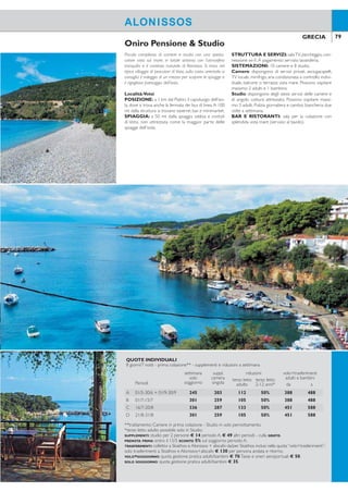 78 79GRECIA GRECIA
ALONISSOSSKOPELOS
Struttura, recentemente rinnovata, in stile tradizionale e
circondata da curati giardini. Offre un buon livello di servizi
e un’atmosfera tranquilla e rilassante, senza trascurare la
vicinanza al vivace centro di Skopelos. Si consiglia il noleg-
gio di un mezzo per scoprire le spiagge più belle.
Categoria: B - Località: Skopelos
POSIZIONE: 400 mt dal porticciolo e dal centro,
raggiungibile con servizio navetta gratuita dell’hotel (a
orari prestabiliti, solo andata).
SPIAGGIA: le più famose spiagge dell’isola sono age-
volmente raggiungibili tramite i collegamenti dei bus di
linea con fermata a circa 100 mt dall’hotel. La spiaggia
di ghiaia e sabbia di Stafylos, attrezzata con ombrelloni
e lettini a pagamento, si trova a 4 km.
STRUTTURA E SERVIZI: dispone di 2 piscine
di acqua dolce, di cui una per bambini, attrezzate con
ombrelloni e lettini, area giochi per bambini, sala TV,
parcheggio, connessione wi-i, cassette di sicurezza. A
pagamento: servizio lavanderia. Carte di credito accet-
tate American Express, Mastercard,Visa eVisa Electron.
SISTEMAZIONI: 60 camere, situate in 2 ediici, di-
spongono di servizi privati, asciugacapelli, telefono, TV
satellitare, minifrigo, aria condizionata a controllo indi-
viduale, connessione wi-i, balcone o terrazza. Possono
ospitare massimo 2 adulti e 2 bambini (sistemati in un
unico divano letto) .
BAR E RISTORANTI: sala per la colazione con
servizio a buffet.A pagamento: bar, snack bar, pool bar.
Rigas
Piccolo complesso di camere e studio con una spetta-
colare vista sul mare, in totale sintonia con l’atmosfera
tranquilla e il contesto naturale di Alonissos. Si trova nel
tipico villaggio di pescatori di Votsi, sulla costa orientale; si
consiglia il noleggio di un mezzo per scoprire le spiagge e
il rigoglioso paesaggio dell’isola.
Località:Votsi
POSIZIONE: a 1 km dal Patitiri, il capoluogo dell’iso-
la, dove si trova anche la fermata dei bus di linea.A 100
mt dalla struttura si trovano taverne, bar e minimarket.
SPIAGGIA: a 50 mt dalla spiaggia sabbia e ciottoli
di Votsi, non attrezzata come la maggior parte delle
spiagge dell’isola.
STRUTTURA E SERVIZI: salaTV, parcheggio, con-
nessione wi-i.A pagamento: servizio lavanderia.
SISTEMAZIONI: 10 camere e 8 studio.
Camere: dispongono di servizi privati, asciugacapelli,
TV locale, minifrigo, aria condizionata a controllo indivi-
duale, balcone o terrazza vista mare. Possono ospitare
massimo 2 adulti e 1 bambino.
Studio: dispongono degli stessi servizi delle camere e
di angolo cottura attrezzato. Possono ospitare massi-
mo 3 adulti. Pulizia giornaliera e cambio biancheria due
volte a settimana.
BAR E RISTORANTI: sala per la colazione con
splendida vista mare (servizio al tavolo).
Oniro Pensione & Studio
QUOTE INDIVIDUALI
8 giorni/7 notti - prima colazione - supplementi e riduzioni a settimana
Periodi
settimana
solo
soggiorno
suppl.
camera
singola
riduzioni volo+trasferimenti
adulti e bambiniterzo letto
adulto
terzo letto
2-12 anni da a
A 01/5-21/6 + 07/9-15/10 245 105 105 GRATIS 388 488
B 22/6-05/7 + 24/8-06/9 315 168 196 GRATIS 388 488
C 06/7-23/7 357 189 210 GRATIS 388 488
D 24/7-31/7 371 189 210 GRATIS 451 588
E 01/8-23/8 448 238 546 GRATIS 451 588
SUPPLEMENTI: culla GRATIS.
RIDUZIONI:quarto letto 2/12 anni (possibile solo con 2 adulti e 1 bambino) SCONTO 20% periodi C-D-E,nessuna
riduzione altri periodi.
TRASFERIMENTI: collettivi a Skiathos e Skopelos + aliscafo da/per Skiathos inclusi nella quota“volo+trasferimenti”;
solo trasferimenti a Skiathos e Skopelos+aliscafo € 130 per persona andata e ritorno.
VOLO+SOGGIORNO: quota gestione pratica adulti/bambini € 70.Tasse e oneri aeroportuali € 50
SOLO SOGGIORNO: quota gestione pratica adulti/bambini € 35.
QUOTE INDIVIDUALI
8 giorni/7 notti - prima colazione** - supplementi e riduzioni a settimana
Periodi
settimana
solo
soggiorno
suppl.
camera
singola
riduzioni volo+trasferimenti
adulti e bambiniterzo letto
adulto
terzo letto
2-12 anni* da a
A 01/5-30/6 + 01/9-30/9 245 203 112 50% 388 488
B 01/7-15/7 301 259 105 50% 388 488
C 16/7-20/8 336 287 133 50% 451 588
D 21/8-31/8 301 259 105 50% 451 588
**trattamento: Camere in prima colazione - Studio in solo pernottamento.
*terzo letto adulto possibile solo in Studio.
SUPPLEMENTI: studio per 2 persone € 14 periodo A, € 49 altri periodi - culla GRATIS.
PRENOTA PRIMA: entro il 15/5 SCONTO 5% sul soggiorno periodo A.
TRASFERIMENTI: collettivi a Skiathos e Alonissos + aliscafo da/per Skiathos inclusi nella quota“volo+trasferimenti”;
solo trasferimenti a Skiathos e Alonissos+aliscafo € 130 per persona andata e ritorno.
VOLO+SOGGIORNO: quota gestione pratica adulti/bambini € 70.Tasse e oneri aeroportuali € 50.
SOLO SOGGIORNO: quota gestione pratica adulti/bambini € 35.
 