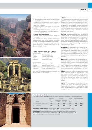 Tour Grecia Classica e Meteore
81GRECIA80 GRECIA
Le quote comprendono:
• 7 pernottamenti in hotel (camere con servizi privati
e aria condizionata).
•Trattamento di mezza pensione (prima colazione e
cena) in hotel ad Atene e di pensione completa du-
rante il tour (4 pranzi).
•Trasporto in pullman Gran Turismo con aria condi-
zionata.
• Guida in lingua italiana per tutta la durata del tour.
•Trasferimenti e visite guidate come da programma.
• Ingressi ai musei e siti archeologici.
Le quote non comprendono:
• Bevande, mance, escursioni facoltative, extra non
menzionati.
NOTA BENE: Per motivi tecnici, operativi, meteorologici,
la sequenza delle visite del tour potrebbe subire delle
variazioni pur mantenendo inalterato il programma.
Durante la visita alle Meteore è richiesto un abbiglia-
mento adeguato, con gambe e spalle coperte (sia per
gli uomini sia per le donne).
HOTEL PREVISTI DURANTE ILTOUR
CIRCUITO TURISTICO
Atene: Polis Grand (cat.A)
Olympia: OlympicVillage (cat.B)
Deli/Arachova: Anemolia (camere standard - cat.B)
Kalambaka: Famissi Eden (cat. B)
CIRCUITO SUPERIOR
Atene: Metropolitan (cat.A)
Olympia: Europa Olympia (cat.A)
Deli/Arachova: Anemolia (camere superior - cat.A)
Kalambaka: Divani Kalambaka (cat.A)
NOTA BENE: Gli hotel potrebbero essere sostituiti con
altri equivalenti e di pari categoria.
ATENE, la città dei contrasti, è una metropoli moder-
na e cosmopolita con un cuore antico, storico e ancora
palpitante di vivide emozioni e ricordi del suo mitico
passato. È una città da vivere ventiquattrore su venti-
quattro: le giornate volano via visitando i famosi tesori
archeologici, la sera Atene offre molteplici divertimenti
dai locali tipici con danze e musica dal vivo del quar-
tiere della Plaka alle discoteche alla moda, dalle taverne
greche ai ristoranti rafinati… dormire non rientra tra
le abitudini degli Ateniesi!
MICENE, situata ai piedi di due colline, fu dal 1600 al
1200 a.C la città più potente della Grecia e conserva
ancora oggi i resti dell’antica civiltà. Omero la cita come
la città d’oro nei suoi famosi poemi epici, l’Iliade e l’O-
dissea. Secondo la leggenda fu fondata da Perseo. Per
accedere alla cittadella si attraversa la famosa Porta dei
Leoni, così chiamata per il rilievo rafigurante due leoni
che sorreggono un pilastro.
EPIDAURO, la leggenda dice che in questa città stu-
diò il iglio di Apollo Esculapio, Dio della medicina. Il
Santuario, il Museo e la maggior parte di ogni pittura
e scultura hanno come soggetto principale la scienza
della medicina. Il famoso teatro affascina per la sua acu-
stica perfetta ed è utilizzato ancora oggi per spettacoli
e concerti.
METEORE, il luogo mistico per eccellenza. Non ap-
pena si arriva a Kalambaka, la piccola città che si trova
ai piedi di Meteora, si capisce immediatamente quanta
pace e serenità infondano i grandi pinnacoli rocciosi
che si stagliano verso il cielo e sulle cui punte sono
insediati i Monasteri. Uno spettacolo inimmaginabile,
tanto è imponente per la sua grandezza e le sue forme.
DELFI, denominata da Zeus l’ombelico del mondo e
situata in posizione elevata con splendida vista su una
valle interamente ricoperta di ulivi, è fra i siti archeo-
logici meglio conservati. Molto suggestivi il Santuario e
il Tempio di Apollo, la Fonte Castalia dove i pellegrini
si puriicavano prima di consultare il famoso Oracolo
di Deli.
OLYMPIA, dove nacquero i famosi Giochi Olimpici
ideati in onore di Zeus, che si svolgevano ogni anno in
Agosto nella prima settimana di luna piena.Tra i siti più
famosi, spiccano ilTempio di Zeus, lo Stadio e il Museo
che ospita la statua in marmo di Mercurio.
GUIDA LOCALE IN ITALIANO
POSSIBILE COMBINAZIONETOUR +
SOGGIORNO MARE
È un tour completo, un itinerario che attraversa tutta la
Grecia Classica privilegiando i punti di maggior interesse
storico-culturale e che si spinge ino ad Olympia, uno dei
più grandi santuari panellenici del mondo antico. Gli hotel
sono stati selezionati al ine di garantire il massimo comfort
al termine di ogni intensa giornata.Tutte le visite verranno
effettuate in pullman con aria condizionata e guida in lingua
italiana. Possibilità di abbinare altre escursioni facoltative
prenotabili dall’Italia o direttamente in loco.
Sabato - ITALIA/ATENE
Arrivo ad Atene, trasferimento in hotel. Cena e per-
nottamento.
Domenica - ATENE
Dopo la prima colazione partenza per la visita guidata
di Atene, dell’Acropoli e del Museo Archeologico. Giro
panoramico della città:Stadio Panatenaico sede dei primi
Giochi Olimpici, residenza del Presidente della Repubbli-
ca protetto dagli Euzoni con il loro costume nazionale,
Piazza della Costituzione, Monumento al Milite Ignoto,
Biblioteca Nazionale,Tempio di Giove Olimpio ed Arco
di Adriano. Rientro in hotel e pomeriggio a disposizione.
Possibilità di effettuare l’escursione facoltativa al pro-
montorio di Capo Sounion, dove sorge ilTempio consa-
crato a Poseidone. Cena e pernottamento in hotel.
Lunedì - ARGOLIDE/OLYMPIA
Prima colazione in hotel e partenza per il tour dell’Ar-
golide con sosta al Canale di Corinto, visita guidata di
Epidauro con il suo famoso teatro, sosta a Nauplia, pri-
ma capitale della storia moderna greca e, una volta a
Micene visita del Tesoro di Atreo, del Palazzo e della
famosa Porta dei Leoni. Pranzo e proseguimento per
Olympia. Sistemazione in hotel, cena e pernottamento.
Martedì - OLYMPIA/DELFI
Prima colazione in hotel e visita dell’area archeologica
di Olympia, col Santuario di Giove Olimpio e lo Stadio.
Partenza per Deli con transito per Nafpaktos (Lepan-
to), Eratini e Galaxidi. Pranzo lungo il percorso. Arrivo
ad Deli/Arachova e sistemazione in hotel. Cena e per-
nottamento.
Mercoledì - DELFI/KALAMBAKA
Prima colazione in hotel e visita dell’area archeologica
di Deli e del Museo. Dopo il pranzo, proseguimento
per Kalambaka. Sistemazione in hotel, cena e pernot-
tamento.
Giovedì - KALAMBAKA/ATENE
Prima colazione in hotel e partenza per l’escursione
alle Meteore con la visita dei famosi monasteri costru-
iti sulla roccia, esempio dell’arte bizantina, risalenti al
XIV secolo. Sosta per il pranzo e partenza per Atene,
attraversandoTrikala, Lamia, il Passo delleTermopili (te-
atro della famosa battaglia) e KamenaVourla.Arrivo ad
Atene e sistemazione in hotel. Cena e pernottamento.
Venerdì - ATENE
Prima colazione in hotel e giornata libera. Possibilità di
effettuare la minicrociera facoltativa alle isole del Golfo
Saronico con sosta e tempo libero a Egina, Hydra e
Poros. Pranzo a bordo e rientro in hotel. Cena e per-
nottamento.
Sabato - ATENE/ITALIA
Prima colazione in hotel e trasferimento in aeroporto
per il rientro in Italia o proseguimento del soggiorno
in Grecia.
NOTA BENE: Possibili partenze il venerdì o la domenica
con leggere variazioni all’itinerario.
QUOTE INDIVIDUALI
Tour 7 notti - mezza pensione in hotel + 4 pranzi in ristorante - supplementi e riduzioni a settimana
Periodi
settimana
solo
tour
riduzioni suppl.
superior
cat.A
volo+trasferimenti
adulti e bambiniterzo letto
adulto
terzo letto
2-14 anni da a
A 01/4-23/7 + 24/8-31/10 803 80 50% 237 275 375
B 24/7-23/8 803 80 50% 237 338 475
SUPPLEMENTI CAMERA SINGOLA: circuito turistico € 217 - circuito superior € 337.
RIDUZIONI in superior: terzo letto adulto € 104 - terzo letto 2/14 anni SCONTO 50%.
TRASFERIMENTI: collettivi dall’aeroporto di Atene, inclusi nella quota “volo+trasferimenti”.
VOLO+TOUR: quota gestione pratica adulti/bambini € 70.Tasse e oneri aeroportuali € 50.
SOLO TOUR: quota gestione pratica adulti/bambini € 35.
 