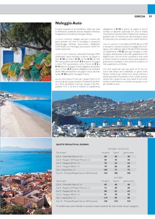 Noleggio Auto
Il prezzo proposto è da considerarsi valido per tutte
le destinazioni pubblicate (escluse Skopelos, Alonissos,
Folegandros, Ios, Koufonissi,Amorgos, Sifnos).
LA QUOTA COMPRENDE: noleggio auto per il numero dei
giorni prescelti con ritiro e riconsegna in aeroporto,
chilometraggio illimitato, assicurazione obbligatoria,
CDW (Kasko con franchigia), assicurazione contro l’in-
cendio, tasse locali.
LA QUOTA NON COMPRENDE: carburante, franchigia, FDW
(Superkasko senza franchigia, al giorno da pagare in
loco: € 24 cat. A-B-C, € 33 cat. D,I, € 52 cat. H2),
PAI (assicurazione personale, € 5 al giorno da pagare
in loco), TW (assicurazione contro il furto da € 6 a
€ 14 al giorno da pagare in loco),seggiolino per bambini
sino a 12 anni (€ 4 al giorno, obbligatorio, da richiedere
all’atto della prenotazione e da pagare in loco), secondo
autista (€ 4,5 al giorno da pagare in loco).
REQUISITI: età minima 23 anni per i gruppi A-B-C-D, 25
anni per gli altri gruppi, possesso di patente B da alme-
no 1 anno (da almeno 3 anni per i gruppi I, H2). Per i
guidatori di 21 e 22 anni, è richiesto un supplemento
obbligatorio di € 25 al giorno, da pagare in loco. È
richiesto un deposito cauzionale con carta di credito
Visa,American Express, Diners, MasterCard, intestata al
guidatore per un importo pari alla franchigia e pieno
di carburante (non accettata carta di credito Electron).
ORARI DI CONSEGNA E RITIRO: dalle ore 07.00 alle ore 21.00
in aeroporto o presso le stazioni di noleggio.Per la con-
segna o ritiro dell’auto dalle 21.00 alle 07.00 è previsto
un supplemento di € 25 (per ogni consegna o ritiro)
da pagare direttamente in loco.Tale supplemento è ob-
bligatorio per i voli con arrivo e partenza in orari serali
e notturni, anche se causati da ritardi, cambi operativi o
guasti tecnici. Consegna o ritiro presso le strutture o in
città supplementi su richiesta.
NOTA BENE: quote per auto, per giorni di 24 ore, tra-
scorso tale tempo verrà addebitato un giorno extra.
Nessun rimborso per l’utilizzo di un tempo inferiore a
quanto prenotato. Prenotando in loco i prezzi possono
variare.Tutti i gruppi di auto sono dotati di aria condi-
zionata. Le prenotazioni si accettano per gruppo e non
per modello di auto.
82 83GRECIA GRECIA
QUOTE PER AUTO AL GIORNO
01/4-30/6 + 01/10-31/10
Tipi di auto* 3-6 giorni 7 giorni giorno extra
Cat.A - Chevrolet Matiz a/c 1.0 60 40 40
Cat. B - Peugeot 107/Nissan Micra a/c 1.2 64 43 43
Cat. C - Peugeot 207 a/c 1.4 70 54 54
Cat. D - Peugeot 308 a/c 1.4 79 60 60
Cat. I - Suzuki Jimny 1.3 102 73 73
Cat. H2 - Primastar/Peugeot Exp a/c (8/9 persone) 124 106 106
01/7-30/9
Tipi di auto* 3-6 giorni 7 giorni giorno extra
Cat.A - Chevrolet Matiz a/c 1.0 69 46 46
Cat. B - Peugeot 107/Nissan Micra a/c 1.2 73 50 50
Cat. C - Peugeot 207 a/c 1.4 80 63 63
Cat. D - Peugeot 308 a/c 1.4 91 70 70
Cat. I - Suzuki Jimny 1.3 119 85 85
Cat. H2 - Primastar/Peugeot Exp a/c (8/9 persone) 146 124 124
*I modelli auto sono indicativi e possono essere sostituiti da auto similari di pari categoria.
Minitour Grecia Classica
GUIDA LOCALE IN ITALIANO
POSSIBILE COMBINAZIONE TOUR +
SOGGIORNO MARE
MINITOUR GRECIA CLASSICA + MYSTRAS
3 giorni / 2 notti o 4 giorni / 3 notti
Atene - Argolide - Mystras - Kalamata - Olympia
In un unico Tour guidato si esplora la Grecia attraver-
so la storia: Preistoria, Periodo Classico, Dominazione
Romana, Impero Bizantino, Crociate e tempi moderni.
Partenze ogni Domenica dal 01/04 al 31/10
QUOTA P/P SOLO TOUR:
3 giorni Euro 436 - 4 giorni Euro 566
MINITOUR GRECIA CLASSICA
+ MYSTRAS E METEORE
5 giorni / 4 notti
Atene - Argolide - Mystras - Kalamata - Olympia - Deli
- Kalambaka
Si esplorano la Grecia, i suoi monumenti e siti
archeologici più famosi. Questo tour offre la possibilità
di entrare a diretto contatto con la storia, l’architettura,
l’ambiente e la vita moderna della Grecia.
Partenze ogni Domenica dal 01/04 al 31/10
QUOTA P/P SOLO TOUR: Euro 612
TOUR GRECIA CLASSICA
CON AUTO A NOLEGGIO
8 giorni / 7 notti
Atene - Argolide - Olympia - Deli - Kalambaka - Pelion
Una proposta adatta a coloro che desiderano visitare
la Grecia in libertà con la propria auto e in autonomia.
QUOTA P/P SOLO TOUR + AUTO: Euro 813
 