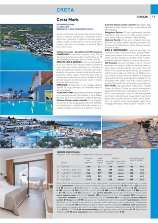 12 13GRECIA GRECIA
CRETACRETA
Porto Elounda Golf & Spa Resort
OTTIMA POSIZIONE
ALL INCLUSIVE
BAMBINO 2/14 ANNI SOGGIORNO GRATIS
Struttura confortevole e apprezzata dalla clientela italiana,
situata in posizione strategica per i divertimenti notturni
dell’animata Hersonissos, si affaccia su una bella spiaggia
sabbiosa e offre un’ampia gamma di servizi. Ideale per le
famiglie e per coloro che prediligono le comodità offerte
da un hotel di lusso.
Categoria: Lusso - Località: Limin/Hersonissos
POSIZIONE: in posizione tranquilla, a circa 500 mt
dal centro di Hersonissos, a 26 km da Heraklion e a 24
km dall’aeroporto. Fermata del bus di linea a 500 mt.
STRUTTURA E SERVIZI: 7 piscine di acqua dolce
di cui una coperta, con area per bambini, una piscina
con scivolo per bambini, attrezzate con ombrelloni e
lettini, area giochi per bambini, connessione wi-i.A pa-
gamento: connessione internet ad alta velocità, servizio
lavanderia, coiffeur, negozi, minimarket, baby sitting su
richiesta, sale conferenza nel centro congressi di fronte
all’hotel (capacità di 5.500 persone). Carte di credito
accettateVisa, MasterCard.
SPIAGGIA: direttamente su una spiaggia sabbiosa
arginata da scogli, attrezzata con ombrelloni, lettini e
teli mare gratuiti.
SISTEMAZIONI: 680 camere,dislocate nei bungalow
e nei due corpi centrali, Maris Building e Terra Building
alle spalle del primo, si suddividono in diverse tipologie.
Camere Classic corpo centrale: 27 mq, dispongo-
no di servizi privati, asciugacapelli, telefono,TV satellitare,
aria condizionata a controllo individuale, cassetta di si-
curezza, minifrigo, connessione wi-i, balcone o terrazza.
Camere Deluxe corpo centrale: dispongono degli
stessi servizi delle Camere Classic e sono ubicate nel
Maris Building.
Bungalow Deluxe: 30 mq, recentemente rinnovati
dispongono degli stessi servizi delle Camere Classic e
sono ubicati nell’area circostante il Maris Building.
Camere Family: 38 mq, sono composte da un sog-
giorno e una camera da letto separata, dispongono de-
gli stessi servizi delle Camere Classic. Possono ospitare
massimo 4 adulti.
BAR E RISTORANTI: ristorante principale con
servizio a buffet, 5 ristoranti tematici (cucina mediter-
ranea, greca, italiana) à la carte e a buffet (su prenota-
zione), vari bar, snack bar e pool bar. L’hotel richiede i
pantaloni lunghi per l’ingresso ai ristoranti per la cena.
All Inclusive: pensione completa presso il ristorante
principale con servizio a buffet con bevande incluse ai
pasti (acqua minerale naturale, vino locale sfuso, soft
drinks e birra locale alla spina). Servizio bar compreso
nell’All Inclusive, dalle ore 10.00 alle ore 24.00, con ac-
qua minerale naturale, bevande alcoliche e analcoliche
locali, soft drinks, birra locale alla spina, cocktails, tè, caf-
fè espresso, ilter coffee, snack dolci e salati durante la
giornata. Disponibili i ristoranti tematici su prenotazione.
ATTIVITÀ: ping pong, beach volley, bocce, minigolf,
campo da calcetto, 3 campi da tennis (illuminazione a
pagamento). Programma di animazione e miniclub 4/11
anni a orari prestabiliti, curati da staff internazionale
(per 6 giorni alla settimana).A pagamento: biliardo, sala
giochi, sport acquatici, lezioni di tennis, centro benes-
sere con palestra, sauna, idromassaggio, bagno turco,
massaggi, idroterapia, campo da golf a 18 buche a 7 km.
Creta Maris
RAFFINATO E RISERVATO
ATMOSFERATRANQUILLA
OTTIMO SERVIZIO
Il Resort, immerso in un ambiente esclusivo e soft, offre una
piacevole combinazione di stile, cura dei particolari, acco-
gliente ospitalità, un attento servizio e un’invidiabile posizio-
ne,molto apprezzati dal cliente italiano,anche il più esigente.
Categoria: Lusso - Località: Elounda
POSIZIONE: in posizione panoramica con vista sulla
baia, a 2 km da Elounda e 7 km da Aghios Nikolaos, rag-
giungibili con bus di linea,fermata a 500 mt.L’aeroporto
di Heraklion si trova a circa 75 km.
STRUTTURA E SERVIZI: costituito da un corpo
centrale distribuito su 6 piani digradanti verso il mare e
immerso in un giardino curato, in parte adibito a cam-
po da golf,dispone di 1 piscina di acqua dolce, attrezza-
ta con ombrelloni e lettini, 1 piscina coperta, area giochi
per bambini, connessione wi-i, parcheggio.A pagamen-
to: internet service, sale conferenza, servizio lavanderia,
coiffeur, negozi, baby sitting su richiesta. Carte di credito
accettateVisa, MasterCard,American Express.
SPIAGGIA:direttamente su una spiaggia privata di sab-
bia attrezzata con ombrelloni, lettini e teli mare gratuiti.
SISTEMAZIONI: 133 camere e suite dislocate nel
corpo centrale e in bungalow disposti nel giardino.
Camere Standard: 37 mq, dispongono di servizi pri-
vati in marmo, asciugacapelli, accappatoio e ciabattine,
telefono, TV satellitare, lettore DVD/CD, aria condizio-
nata a controllo individuale, cassetta di sicurezza, minibar
balcone o terrazza vista mare. Omaggio in camera di ac-
qua minerale.A pagamento:connessione internet ad alta
velocità.Possono ospitare massimo 2 adulti e 1 bambino.
Camere con piscina condivisa: 40 mq, dispongono
degli stessi servizi delle Camere Standard, con accesso
diretto a una delle grandi piscine di acqua di mare condi-
visa con altre camere.Possono ospitare massimo 3 adulti.
Camere con piscina privata:47 mq,dispongono de-
gli stessi servizi delle Camere Standard e di piscina priva-
ta di acqua di mare. Possono ospitare massimo 3 adulti.
Suite con piscina condivisa o privata: 60 mq, sono
composte da una zona soggiorno, una camera da letto
separata, dispongono degli stessi servizi delle Camere
Standard e di piscina condivisa con altre camere o piscina
privata. Possono ospitare massimo 3 adulti e 1 bambino.
BAR E RISTORANTI: ristorante principale “Naf-
sika” con servizio a buffet per la prima colazione e la
cena.A pagamento: ristoranti à la carte“Odysseus” con
specialità di pesce (aperto da ine maggio a settembre)
e “Aglio e Olio” con piatti della cucina italiana, bar, be-
ach bar. Mezza pensione Dine Around: servizio per il
quale i clienti possono cenare nei ristoranti à la carte
del Porto Elounda Golf & Spa Resort, Elounda Mare
Hotel Relais & Chateaux e Elounda Peninsula All Suite
Hotel (bevande e alcuni piatti esclusi).
ATTIVITÀ: centro “Thermais” con piscina d’acqua
dolce coperta e riscaldata, sauna, bagno turco, palestra,
ping pong. Miniclub per bambini 4/11 anni e Teenager
club 12/17 anni curati da staff internazionale. A paga-
mento: sala giochi, baby club per bambini da 4 mesi a 3
anni, scuola calcio 5/16 anni, windsurf, sci nautico, vela,
centro diving, 2 campi da tennis, campo da golf a 9
buche par-3 con golf pro PGA, centro di talassoterapia
“Six Senses Spa” con piscina e numerosi trattamenti
estetici e rilassanti.
QUOTE INDIVIDUALI
8 giorni/7 notti - mezza pensione - supplementi e riduzioni a settimana
Periodi
settimana
solo
soggiorno
suppl.
camera
singola
riduzioni volo+trasferimenti
adulti e bambini
terzo letto
adulto*
terzo letto
2-12 anni da a
A 24/4-04/6 + 25/9-30/10 833 336 280 GRATIS 425 525
B 05/6-02/7 + 11/9-24/9 1.064 455 490 GRATIS 425 525
C 03/7-30/7 + 28/8-10/9 1.344 714 427 GRATIS 425 525
D 31/7-27/8 1.673 889 721 GRATIS 488 625
Prezzi riferiti alla sistemazione in camere standard (massimo 2 adulti e 1 bambino). *terzo letto adulto non
possibile in camere standard.SUPPLEMENTI:camere piscina condivisa € 91 periodo A,€ 266 periodo B,€ 308
periodo C, € 364 periodo D - camere piscina privata € 182 periodo A, € 427 periodi B-C, € 595 periodo
D - culla GRATIS. RIDUZIONI: quarto letto 2/12 anni in suite con piscina condivisa o piscina privata con 2 adulti
e 1 bambino SCONTO 50%, con 3 adulti GRATIS. PRENOTA PRIMA: entro il 31/5 SCONTO 20% sul soggiorno.
1 ADULTO + 1 BAMBINO: quota adulto in singola+1 bambino 2/12 anni soggiorno GRATIS. 1 ADULTO + 2
BAMBINI: quota adulto in singola+1° bambino 2/12 anni soggiorno GRATIS+ 2° bambino 2/12 anni SCONTO
50% sul soggiorno. OFFERTA SPECIALE BAMBINI 2/12 ANNI: sconto € 150 sulla quota volo+trasferimenti
(con minimo 2 adulti). TRASFERIMENTI: diretti da e per l’aeroporto di Heraklion con auto privata per minimo
2 persone, inclusi nella quota “volo+trasferimenti”. SPECIALE AUTO GRATIS: prenotazioni volo+soggiorno:
noleggio cat. A per 7 notti GRATIS per minimo 2 persone (da richiedere all’atto della prenotazione), ritiro e
consegna in aeroporto, trasferimenti esclusi. VOLO+SOGGIORNO: quota gestione pratica adulti/bambini € 70.
Tasse e oneri aeroportuali € 50. SOLO SOGGIORNO: quota gestione pratica adulti/bambini € 35.
QUOTE INDIVIDUALI
8 giorni/7 notti - all inclusive - supplementi e riduzioni a settimana
Periodi
settimana
solo
soggiorno
suppl.
camera
singola
riduzioni volo+trasferimenti
adulti e bambini
terzo letto
adulto*
terzo letto
2-14 anni da a
A 16/4-14/5 595 322 154 GRATIS 362 462
B 15/5-15/6 + 23/9-17/10 721 385 189 GRATIS 362 462
C 16/6-07/7 + 11/9-22/9 966 539 259 GRATIS 362 462
D 08/7-21/7 + 26/8-10/9 1.099 595 287 GRATIS 362 462
E 22/7-25/8 1.162 651 315 GRATIS 424 562
Prezzi riferiti alla sistemazione in camere Classic vista giardino. *quarto letto adulto possibile solo in camera
Family.SUPPLEMENTI:camere classic vista mare/deluxe corpo centrale v/giardino € 56 periodoA,€ 63 periodo
B, € 98 periodi C-D, € 112 periodo E - bungalow deluxe v/giardino € 112 periodo A, € 133 periodo B,
€ 182 periodo C, € 224 periodi D-E - camera family € 406 periodo A, € 490 periodo B, € 686 periodo
C, € 756 periodo D, € 833 periodo E - culla GRATIS. RIDUZIONI: quarto letto 2/14 anni in camera family
GRATIS. PRENOTA PRIMA: entro il 31/3 SCONTO 15% sul soggiorno, entro il 30/4 SCONTO 10% sul soggiorno.
1 ADULTO+1 BAMBINO: quota adulto + bambino 2/14 anni SCONTO 40% sul soggiorno. OFFERTA SPECIALE
BAMBINI 2/14 ANNI:sconto € 90 sulla quota volo+trasferimenti (con minimo 2 adulti).TRASFERIMENTI:collettivi
dall’aeroporto di Heraklion per minimo 2 persone inclusi nella quota “volo+trasferimenti”; trasferimenti
privati su richiesta € 100 per persona andata e ritorno (minimo 2 persone). SPECIALE AUTO: prenotazioni
volo+soggiorno: noleggio cat. A per 7 giorni per minimo 2 persone, trasferimenti esclusi, 20/4-30/6+01/10-
30/10 € 59, 01/7-30/9 € 99. VOLO+SOGGIORNO: quota gestione pratica adulti/bambini € 70.Tasse e oneri
aeroportuali € 50. SOLO SOGGIORNO: quota gestione pratica adulti/bambini € 35.
 