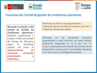 Funciones del Comité de gestión de condiciones operativas:
Recuerda la función 3 del
Comité de Gestión de
Condiciones Operativas:
Elaborar, implementar y
evaluar el Plan de Gestión
del Riesgo de Desastres
según la normativa
vigente, así́ como la
implementación de
simulacros sectoriales
programados o
inopinados..
Asimismo, en torno a la programación y
realización de los simulacros escolares, las II.EE. y
Programas Educativos deben:
Participar en los simulacros escolares
programados a nivel nacional, así como realizar
simulacros inopinados en la IE por tipo de
peligros priorizados como parte de acciones de la
preparación continua de la comunidad educativa
en el marco de su contingencia prevista
 