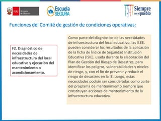 Funciones del Comité de gestión de condiciones operativas:
F2. Diagnóstico de
necesidades de
infraestructura del local
educativo y ejecución del
mantenimiento o
acondicionamiento.
Como parte del diagnóstico de las necesidades
de infraestructura del local educativo, las II.EE.
pueden considerar los resultados de la aplicación
de la ficha de Índice de Seguridad Institución
Educativa (ISIE), usada durante la elaboración del
Plan de Gestión del Riesgo de Desastres, para
identificar los peligros, vulnerabilidades y niveles
de riesgo, y, con el fin de prevenir y reducir el
riesgo de desastres en la IE. Luego, estas
necesidades podrán ser consideradas como parte
del programa de mantenimiento siempre que
constituyan acciones de mantenimiento de la
infraestructura educativa.
 