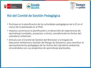 Rol del Comité de Gestión Pedagógica
• Participa en la planificación de las actividades pedagógicas de la IE en el
marco de lo planteado en el PEAI.
• Impulsa y promueve la planificación y el desarrollo de experiencias de
aprendizaje (unidades, proyectos u otros), considerando las fechas del
calendario ambiental.
• Articula con el Comité de Gestión del Bienestar y la brigada de
Educación Ambiental y Gestión del Riesgo de Desastres, para movilizar el
aprovechamiento pedagógico de las fechas del calendario ambiental,
vinculándolas con sus propósitos de aprendizaje planteados.
 