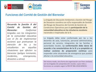 Funciones del Comité de Gestión del Bienestar
Recuerda la función 8 del
Comité de Gestión del
Bienestar: Conformar
brigadas con los integrantes
de la comunidad educativa
con el fin de implementar
acciones que promuevan la
atención de las y los
estudiantes en aquellas
situaciones que afecten su
bienestar (peligro inminente,
incidentes, emergencias,
desastres u otros).
La brigada de Educación Ambiental y Gestión del Riesgo
de Desastres coordina con el/la responsable de Gestión
del Riesgo de Desastres del Comité de Gestión de
Condiciones Operativas para la participación de la
comunidad educativa en los simulacros escolares
nacionales e inopinados de la IE.
La brigada debe estar conformada por las y los
docentes de aula, tutores/as, personal administrativo,
personal de servicio, integrantes de las familias y
autoridades locales. La conformación debe darse de
acuerdo a las características de la IE y su propósito es
realizar acciones de preparación continua para
responder ante situaciones de emergencia que puedan
afectar a la comunidad educativa.
Del mismo modo, otra forma de organización con fines similares
son las brigadas de autoprotección escolar, cuyos roles y
funciones se cumplen según la RM Nº 066-2018-MINEDU
 