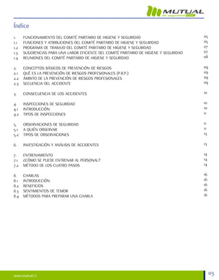 03
Índice
1.
1.1
1.2
1.3
1.4
2.
2.1
2.2
2.3
3.
4.
4.1
4.2
5.
5.1
5.2
6.
7.
7.1
7.2
8.
8.1
8.2
8.3
8.4
05
05
07
07
08
09
09
09
09
10
10
10
11
11
11
13
13
14
14
14
16
16
16
16
16
FUNCIONAMIENTO DEL COMITÉ PARITARIO DE HIGIENE Y SEGURIDAD
FUNCIONES Y ATRIBUCIONES DEL COMITÉ PARITARIO DE HIGIENE Y SEGURIDAD
PROGRAMA DE TRABAJO DEL COMITÉ PARITARIO DE HIGIENE Y SEGURIDAD
SUGERENCIAS PARA UNA LABOR EFICIENTE DEL COMITÉ PARITARIO DE HIGIENE Y SEGURIDAD
REUNIONES DEL COMITÉ PARITARIO DE HIGIENE Y SEGURIDAD
CONCEPTOS BÁSICOS DE PREVENCIÓN DE RIESGOS
QUÉ ES LA PREVENCIÓN DE RIESGOS PROFESIONALES (P.R.P.)
ÁMBITO DE LA PREVENCIÓN DE RIESGOS PROFESIONALES
SECUENCIA DEL ACCIDENTE
CONSECUENCIA DE LOS ACCIDENTES
INSPECCIONES DE SEGURIDAD
INTRODUCCIÓN
TIPOS DE INSPECCIONES
OBSERVACIONES DE SEGURIDAD
A QUIÉN OBSERVAR
TIPOS DE OBSERVACIONES
INVESTIGACIÓN Y ANÁLISIS DE ACCIDENTES
ENTRENAMIENTO
¿CÓMO SE PUEDE ENTRENAR AL PERSONAL?
MÉTODO DE LOS CUATRO PASOS
CHARLAS
INTRODUCCIÓN
BENEFICIOS
SENTIMIENTOS DE TEMOR
MÉTODOS PARA PREPARAR UNA CHARLA
 