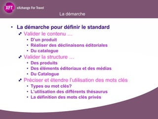 La démarche pour définir le standard Valider le contenu …  D’un produit  Réaliser des déclinaisons éditoriales Du catalogue Valider la structure … Des produits Des éléments éditoriaux et des médias Du Catalogue Préciser et étendre l’utilisation des mots clés Types ou mot clés? L’utilisation des différents thésaurus La définition des mots clés privés La démarche  