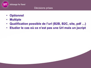 Décisions prises Optionnel Multiple Qualification possible de l’url (B2B, B2C, site, pdf …) Etudier le cas où ce n’est pas une Url mais un jscript 