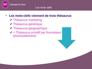 Les mots clefs Les mots-clefs viennent de trois thésaurus Thésaurus marketing Thésaurus générique Thésaurus géographique + Thésaurus privatif par fournisseur (éventuellement) 