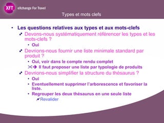 Types et mots clefs Les questions relatives aux types et aux mots-clefs  Devons-nous systématiquement référencer les types et les mots-clefs ?  Oui  Devrions-nous fournir une liste minimale standard par produit ? Oui, voir dans le compte rendu complet    Il faut proposer une liste par typologie de produits Devrions-nous simplifier la structure du thésaurus ? Oui Eventuellement supprimer l’arborescence et favoriser la liste.  Regrouper les deux thésaurus en une seule liste  Revalider 