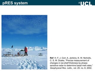 pRES system
Ref: H. F. J. Corr, A. Jenkins, K. W. Nicholls,
C. S. M. Doake, “Precise measurement of
changes in ice-shelf thickness by phase-
sensitive radar to determine basal melt rates,”
Geophysical Res. Letts., vol. 29. no. 8, 2002.
 