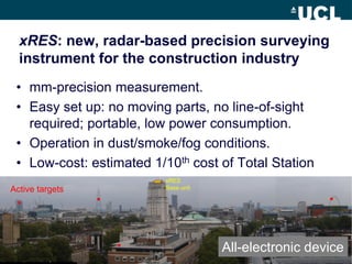 xRES: new, radar-based precision surveying
instrument for the construction industry
• mm-precision measurement.
• Easy set up: no moving parts, no line-of-sight
required; portable, low power consumption.
• Operation in dust/smoke/fog conditions.
• Low-cost: estimated 1/10th cost of Total Station
All-electronic device
Active targets
xRES
Base unit
 