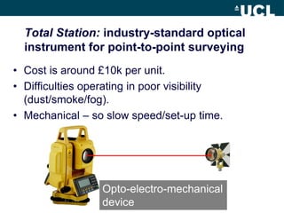 • Cost is around £10k per unit.
• Difficulties operating in poor visibility
(dust/smoke/fog).
• Mechanical – so slow speed/set-up time.
Total Station: industry-standard optical
instrument for point-to-point surveying
Opto-electro-mechanical
device
 