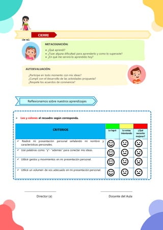  Leo y coloreo el recuadro según corresponda.
CRITERIOS Lo logré Lo estoy
intentando
¿Qué
necesito
mejorar?
 Realicé mi presentación personal señalando mi nombre y
características personales.
 Usé palabras como: “y”- “además” para conectar mis ideas.
 Utilicé gestos y movimientos en mi presentación personal.
 Utilicé un volumen de vos adecuado en mi presentación personal.
__________________________________
Docente del Aula
__________________________________
Director (a)
Reflexionamos sobre nuestros aprendizajes
CIERRE
METACOGNICIÓN:
 ¿Qué aprendí?
 ¿Tuve alguna dificultad para aprenderlo y como lo superaste?
 ¿En qué me servirá lo aprendido hoy?
AUTOEVALUACIÓN:
 ¿Participe en todo momento con mis ideas?
 ¿Cumplí con el desarrollo de las actividades propuesta?
 ¿Respete los acuerdos de convivencia?
 
