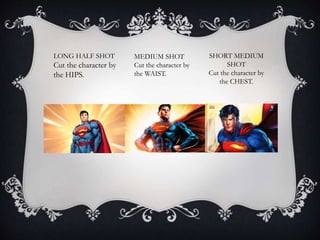 LONG HALF SHOT
Cut the character by
the HIPS.
MEDIUM SHOT
Cut the character by
the WAIST.
SHORT MEDIUM
SHOT
Cut the character by
the CHEST.
 