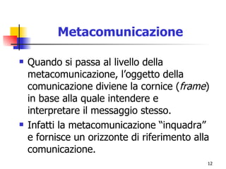 Metacomunicazione Quando si passa al livello della metacomunicazione, l’oggetto della comunicazione diviene la cornice ( frame ) in base alla quale intendere e interpretare il messaggio stesso. Infatti la metacomunicazione “inquadra” e fornisce un orizzonte di riferimento alla comunicazione. 