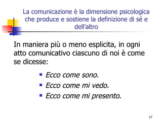 La comunicazione è la dimensione psicologica che produce e sostiene la definizione di sé e dell’altro Ecco come sono.  Ecco come mi vedo.  Ecco come mi presento .  In maniera più o meno esplicita, in ogni atto comunicativo ciascuno di noi è come se dicesse:  