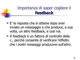 Importanza di saper cogliere il  feedback E’ la risposta che si ottiene dopo aver inviato un messaggio e che produce, a sua volta, un altro feedback, e così via. Il feedback è un fattore di controllo della c., perché consente di verificare l’effetto che i nostri messaggi producono sull’altro.   