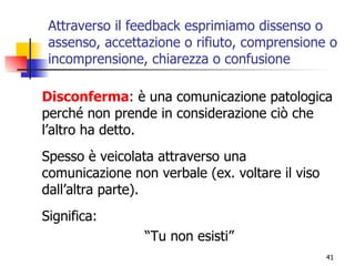 Attraverso il feedback esprimiamo dissenso o assenso, accettazione o rifiuto, comprensione o incomprensione, chiarezza o confusione Disconferma : è una comunicazione patologica perché non prende in considerazione ciò che l’altro ha detto. Spesso è veicolata attraverso una comunicazione non verbale (ex. voltare il viso dall’altra parte). Significa: “ Tu non esisti” 
