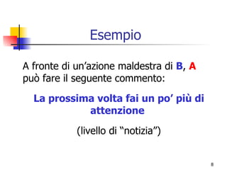 Esempio A fronte di un’azione maldestra di  B ,  A  può fare il seguente commento: La prossima volta fai un po’ più di attenzione   (livello di “notizia”) 