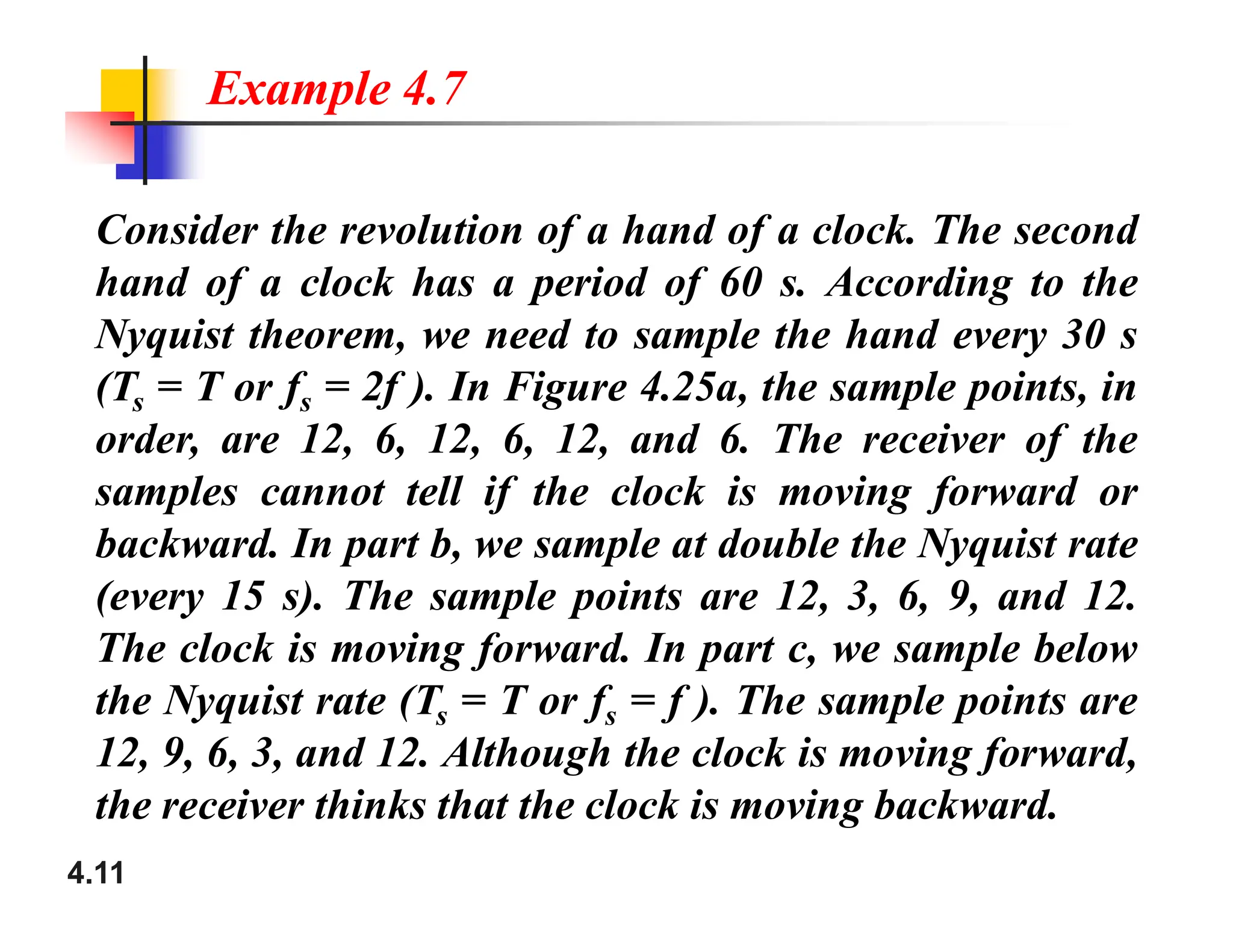 Consider the revolution of a hand of a clock. The second
hand of a clock has a period of 60 s. According to the
Nyquist theorem, we need to sample the hand every 30 s
(Ts = T or fs = 2f ). In Figure 4.25a, the sample points, in
order, are 12, 6, 12, 6, 12, and 6. The receiver of the
samples cannot tell if the clock is moving forward or
Example 4.7
4.11
samples cannot tell if the clock is moving forward or
backward. In part b, we sample at double the Nyquist rate
(every 15 s). The sample points are 12, 3, 6, 9, and 12.
The clock is moving forward. In part c, we sample below
the Nyquist rate (Ts = T or fs = f ). The sample points are
12, 9, 6, 3, and 12. Although the clock is moving forward,
the receiver thinks that the clock is moving backward.
 