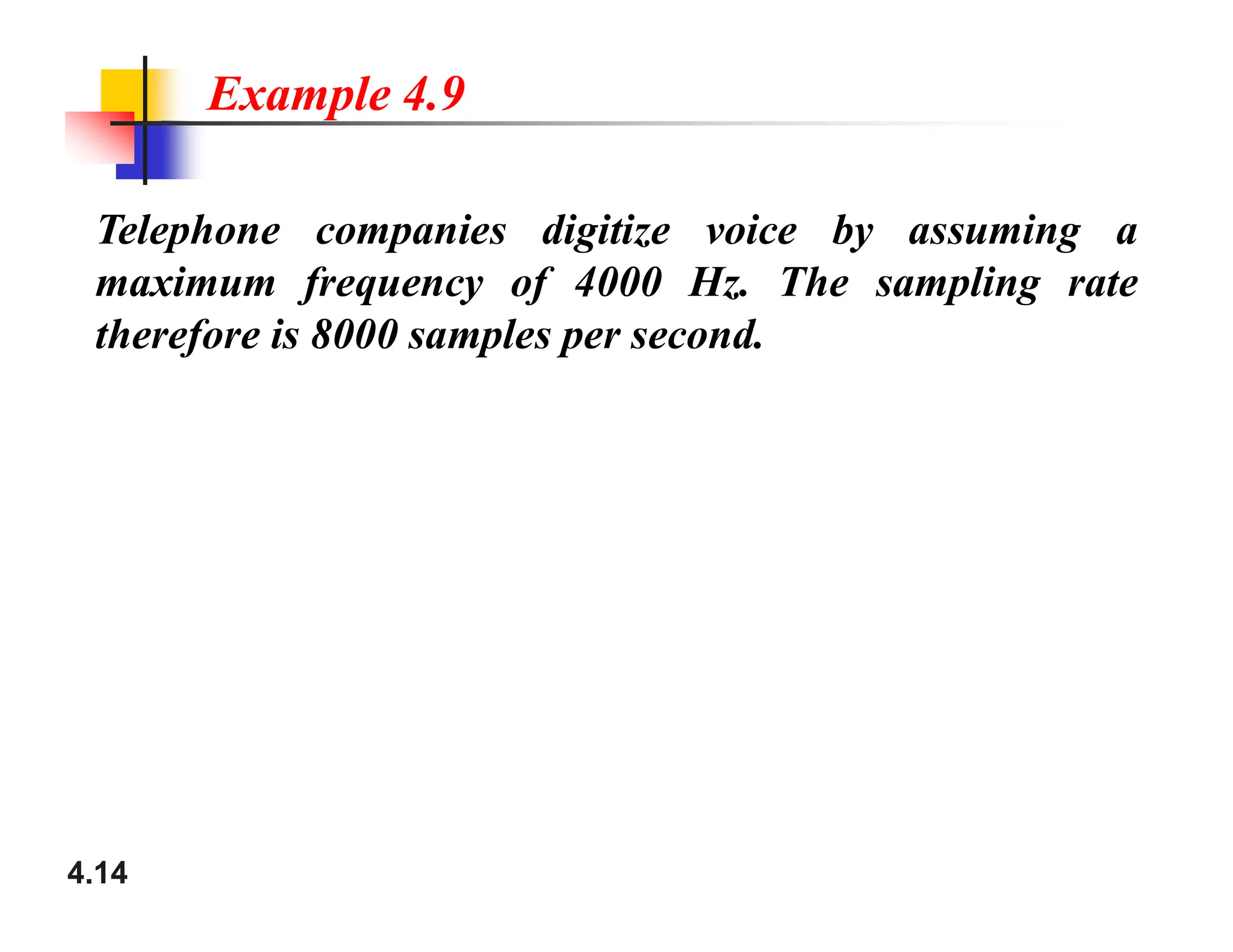 Telephone companies digitize voice by assuming a
maximum frequency of 4000 Hz. The sampling rate
therefore is 8000 samples per second.
Example 4.9
4.14
 