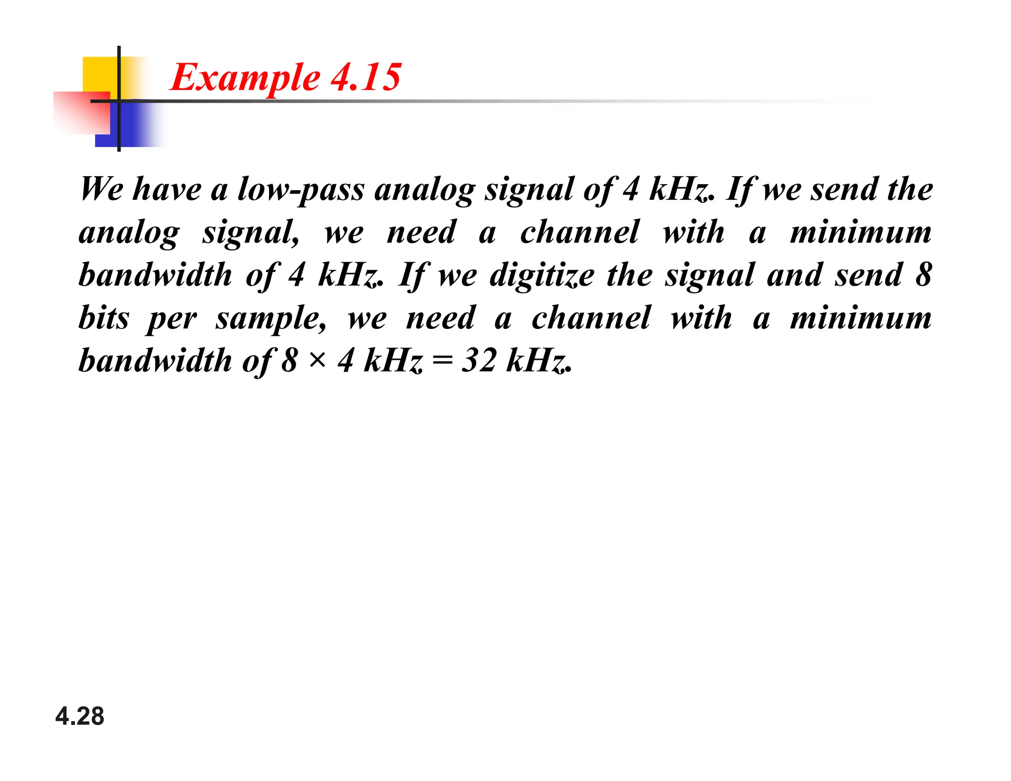 We have a low-pass analog signal of 4 kHz. If we send the
analog signal, we need a channel with a minimum
bandwidth of 4 kHz. If we digitize the signal and send 8
bits per sample, we need a channel with a minimum
bandwidth of 8 × 4 kHz = 32 kHz.
Example 4.15
4.28
 