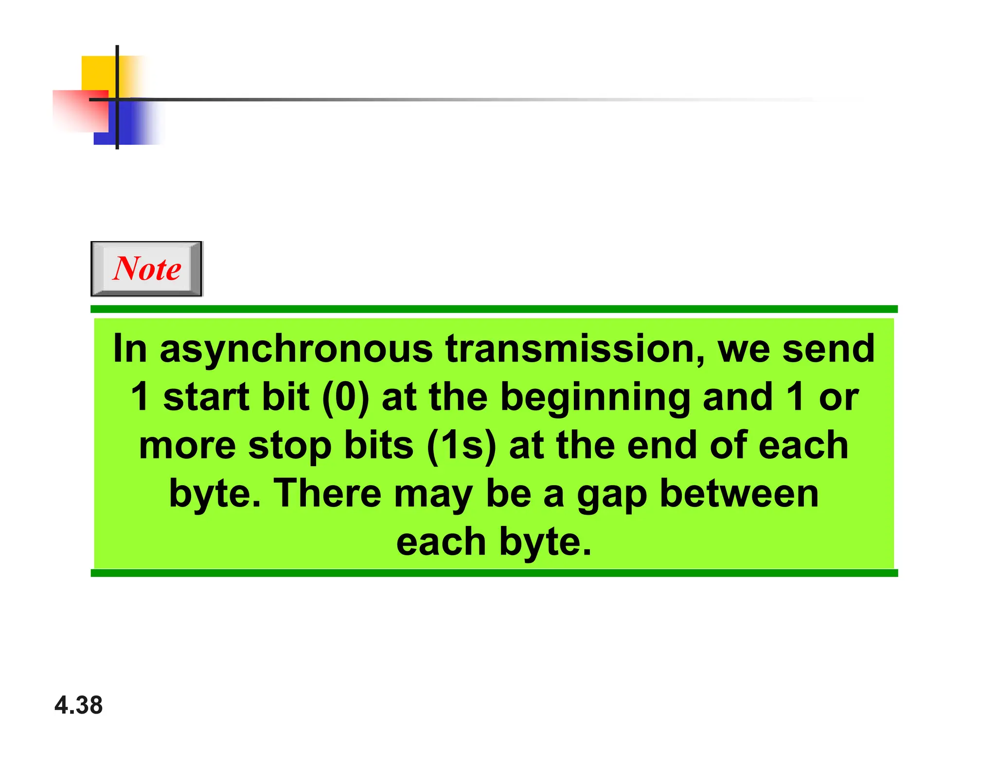 In asynchronous transmission, we send
1 start bit (0) at the beginning and 1 or
Note
4.38
1 start bit (0) at the beginning and 1 or
more stop bits (1s) at the end of each
byte. There may be a gap between
each byte.
 