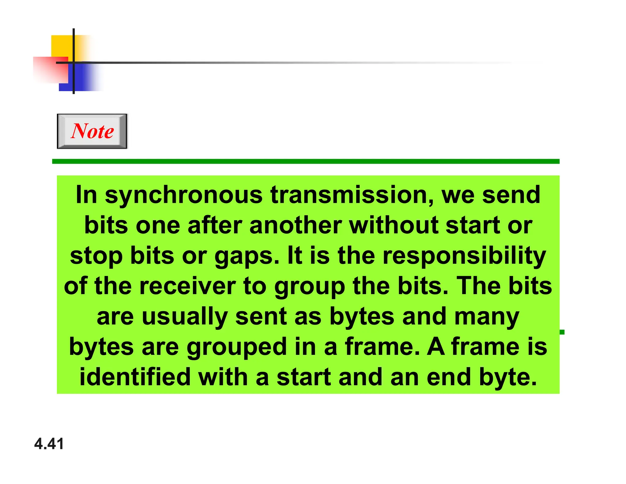 In synchronous transmission, we send
bits one after another without start or
stop bits or gaps. It is the responsibility
Note
4.41
stop bits or gaps. It is the responsibility
of the receiver to group the bits. The bits
are usually sent as bytes and many
bytes are grouped in a frame. A frame is
identified with a start and an end byte.
 