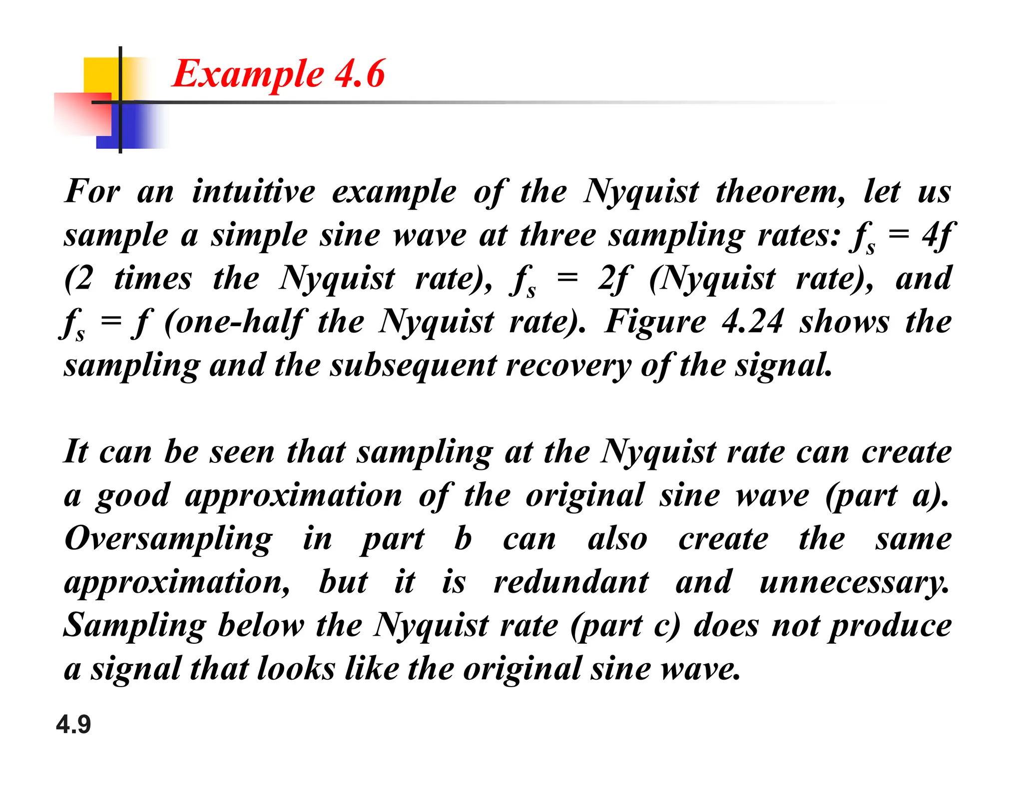 For an intuitive example of the Nyquist theorem, let us
sample a simple sine wave at three sampling rates: fs = 4f
(2 times the Nyquist rate), fs = 2f (Nyquist rate), and
fs = f (one-half the Nyquist rate). Figure 4.24 shows the
sampling and the subsequent recovery of the signal.
Example 4.6
4.9
It can be seen that sampling at the Nyquist rate can create
a good approximation of the original sine wave (part a).
Oversampling in part b can also create the same
approximation, but it is redundant and unnecessary.
Sampling below the Nyquist rate (part c) does not produce
a signal that looks like the original sine wave.
 