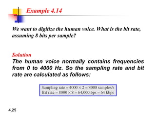 We want to digitize the human voice. What is the bit rate,
assuming 8 bits per sample?
Solution
The human voice normally contains frequencies
Example 4.14
4.25
The human voice normally contains frequencies
from 0 to 4000 Hz. So the sampling rate and bit
rate are calculated as follows:
 