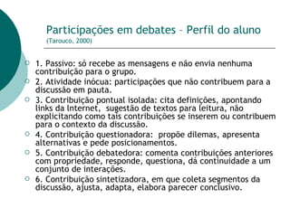 Participações em debates – Perfil do aluno   (Tarouco, 2000) 1. Passivo: só recebe as mensagens e não envia nenhuma contribuição para o grupo. 2. Atividade inócua: participações que não contribuem para a discussão em pauta. 3. Contribuição pontual isolada: cita definições, apontando links da lnternet,  sugestão de textos para leitura, não explicitando como tais contribuições se inserem ou contribuem para o contexto da discussão. 4. Contribuição questionadora:  propõe dilemas, apresenta alternativas e pede posicionamentos. 5. Contribuição debatedora: comenta contribuições anteriores com propriedade, responde, questiona, dá continuidade a um conjunto de interações. 6. Contribuição sintetizadora, em que coleta segmentos da discussão, ajusta, adapta, elabora parecer conclusivo. 