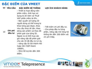 ĐẶC ĐIỂM CỦA VMEET 
TT YÊU CẦU ĐẶC ĐIỂM HỆ THỐNG LỢI ÍCH KHÁCH HÀNG 
10 
Chi phí 
đầu tư 
- Thiết bị hoạt động trên 
phần mềm, thời hạn sử 
dụng là 20 năm và Thuế 
VAT phần mềm là 0% . 
- Bản quyền số lượng ID 
người dùng có thể trang bị 
theo từng giai đoạn, theo 
nhu cầu thực tế cần, theo 
dòng sản phẩm và theo độ 
phân giải của từng ID. 
Ngoài ra có thể mua các 
gói nâng cấp độ phân giải 
cho các ID đã đầu tư (ví dụ 
: nâng cấp ID SD thành HD 
hoặc HD-720P thành 
1080P). 
- MCU hỗ trợ lên đến 300 
điểm. 
- Tiết kiệm chi phí đầu tư. 
- Cho phép đầu tư từng 
phần, nâng cấp mở rộng hệ 
thống lên đến 300 điểm với 
chi phí thấp. 
 