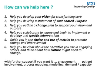 How can we help here ?
1. Help you develop your vision for transforming care
2. Help you develop a statement of Your Shared Purpose
3. Help you outline a change plan to support your vision and
purpose
4. Help you collaborate to agree and begin to implement a
strategy and specific interventions
5. Guide you in the choice and use of metrics to promote
change and improvement
6. Help you be clear about the narrative you use in engaging
others, and think about how culture might need to
change.
with further support if you want it …. engagement, patient
involvement, process mapping, modelling, demand / capacity
 