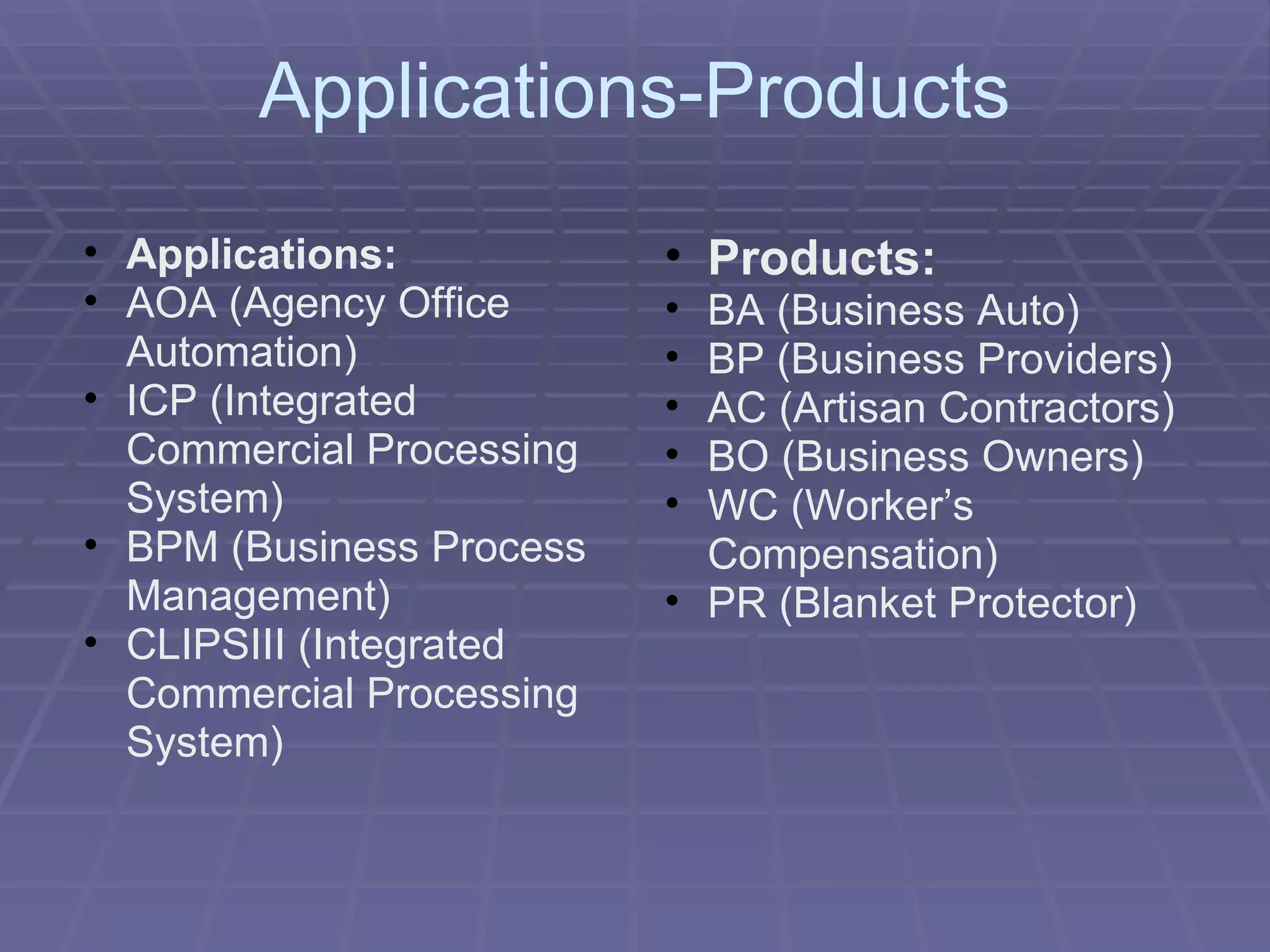 Applications-Products Applications:   AOA (Agency Office Automation) ICP (Integrated Commercial Processing System) BPM (Business Process Management) CLIPSIII (Integrated Commercial Processing System) Products: BA (Business Auto) BP (Business Providers) AC (Artisan Contractors) BO (Business Owners) WC (Worker’s Compensation) PR (Blanket Protector) 