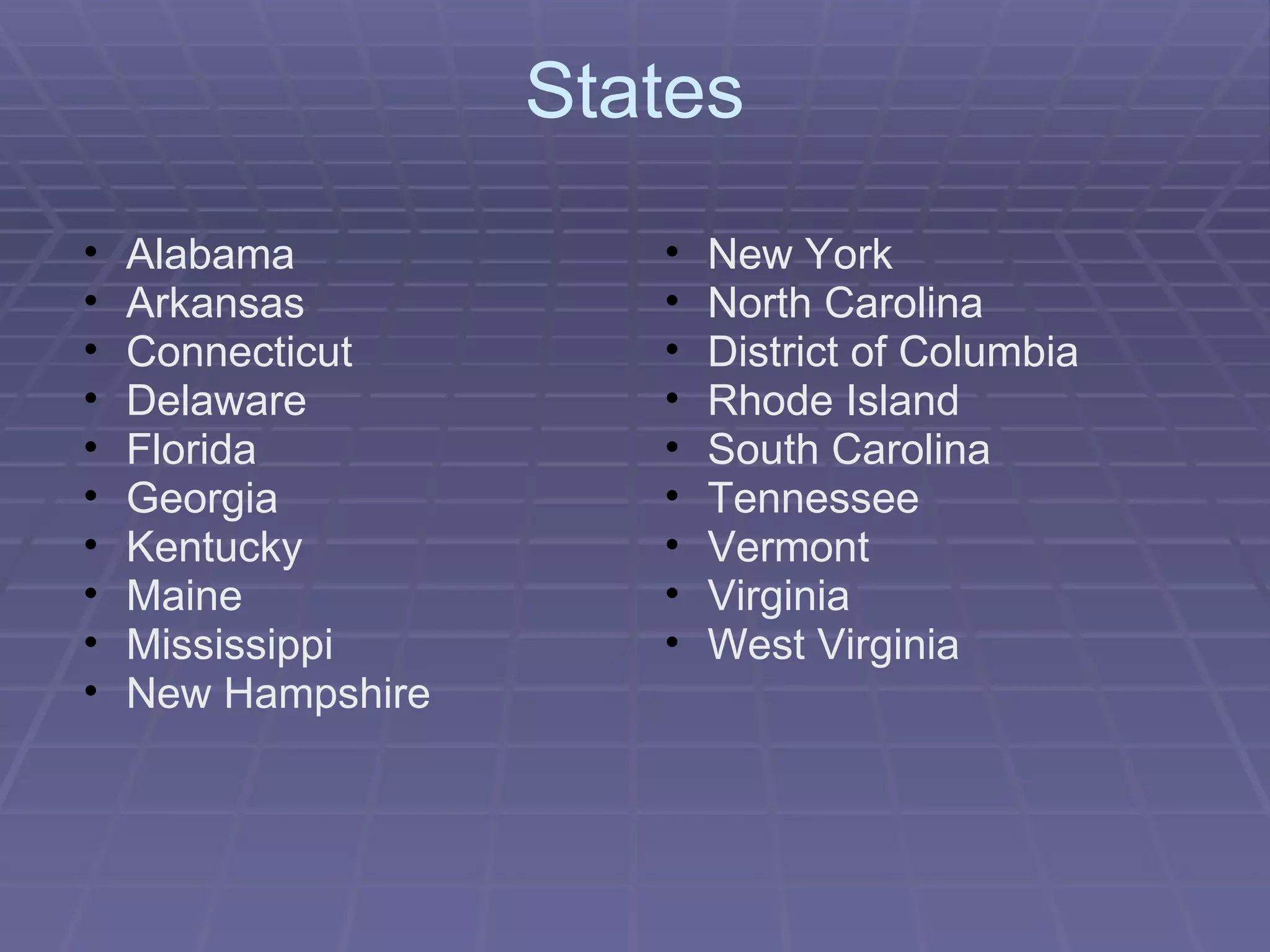 States Alabama Arkansas Connecticut Delaware Florida Georgia Kentucky Maine Mississippi New Hampshire New York North Carolina District of Columbia Rhode Island South Carolina Tennessee Vermont Virginia West Virginia 