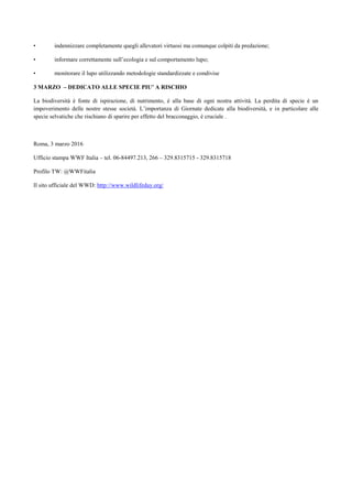 • indennizzare completamente quegli allevatori virtuosi ma comunque colpiti da predazione;
• informare correttamente sull’ecologia e sul comportamento lupo;
• monitorare il lupo utilizzando metodologie standardizzate e condivise
3 MARZO – DEDICATO ALLE SPECIE PIU’ A RISCHIO
La biodiversità è fonte di ispirazione, di nutrimento, è alla base di ogni nostra attività. La perdita di specie è un
impoverimento delle nostre stesse società. L’importanza di Giornate dedicate alla biodiversità, e in particolare alle
specie selvatiche che rischiano di sparire per effetto del bracconaggio, è cruciale .
Roma, 3 marzo 2016
Ufficio stampa WWF Italia – tel. 06-84497.213, 266 – 329.8315715 - 329.8315718
Profilo TW: @WWFitalia
Il sito ufficiale del WWD: http://www.wildlifeday.org/
 