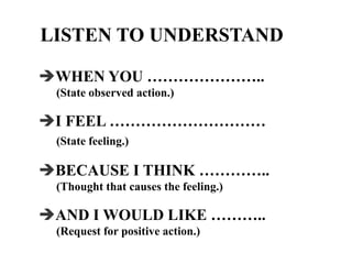 LISTEN TO UNDERSTAND
WHEN YOU …………………..
(State observed action.)

I FEEL …………………………
(State feeling.)

BECAUSE I THINK …………..
(Thought that causes the feeling.)

AND I WOULD LIKE ………..
(Request for positive action.)

 