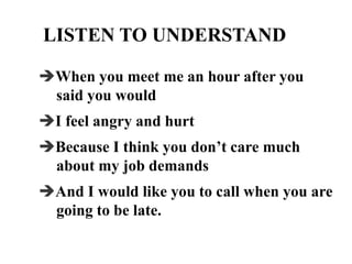 LISTEN TO UNDERSTAND
When you meet me an hour after you
said you would
I feel angry and hurt

Because I think you don’t care much
about my job demands
And I would like you to call when you are
going to be late.

 