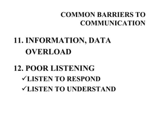 COMMON BARRIERS TO
COMMUNICATION

11. INFORMATION, DATA
OVERLOAD
12. POOR LISTENING
LISTEN TO RESPOND
LISTEN TO UNDERSTAND

 