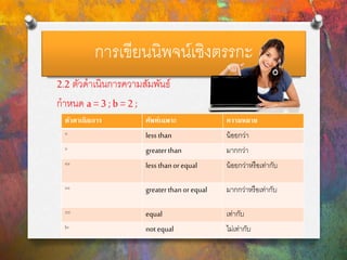 การเขียนนิพจน์เชิงตรรกะ
2.2 ตัวดาเนินการความสัมพันธ์
กาหนด a= 3 ; b = 2 ;
ตัวดาเนินการ ศัพท์เฉพาะ ความหมาย
< less than น้อยกว่า
> greaterthan มากกว่า
<= less thanorequal น้อยกว่าหรือเท่ากับ
>= greaterthanorequal มากกว่าหรือเท่ากับ
== equal เท่ากับ
!= notequal ไม่เท่ากับ
 