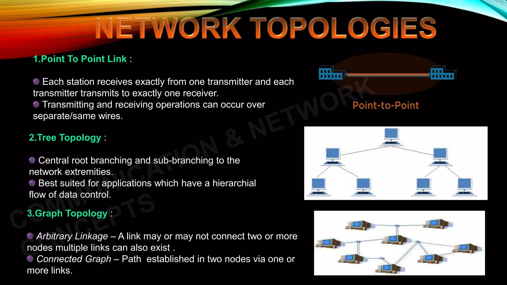 1.Point To Point Link :
Each station receives exactly from one transmitter and each
transmitter transmits to exactly one receiver.
Transmitting and receiving operations can occur over
separate/same wires.
2.Tree Topology :
Central root branching and sub-branching to the
network extremities.
Best suited for applications which have a hierarchial
flow of data control.
3.Graph Topology :
Arbitrary Linkage – A link may or may not connect two or more
nodes multiple links can also exist .
Connected Graph – Path established in two nodes via one or
more links.
 