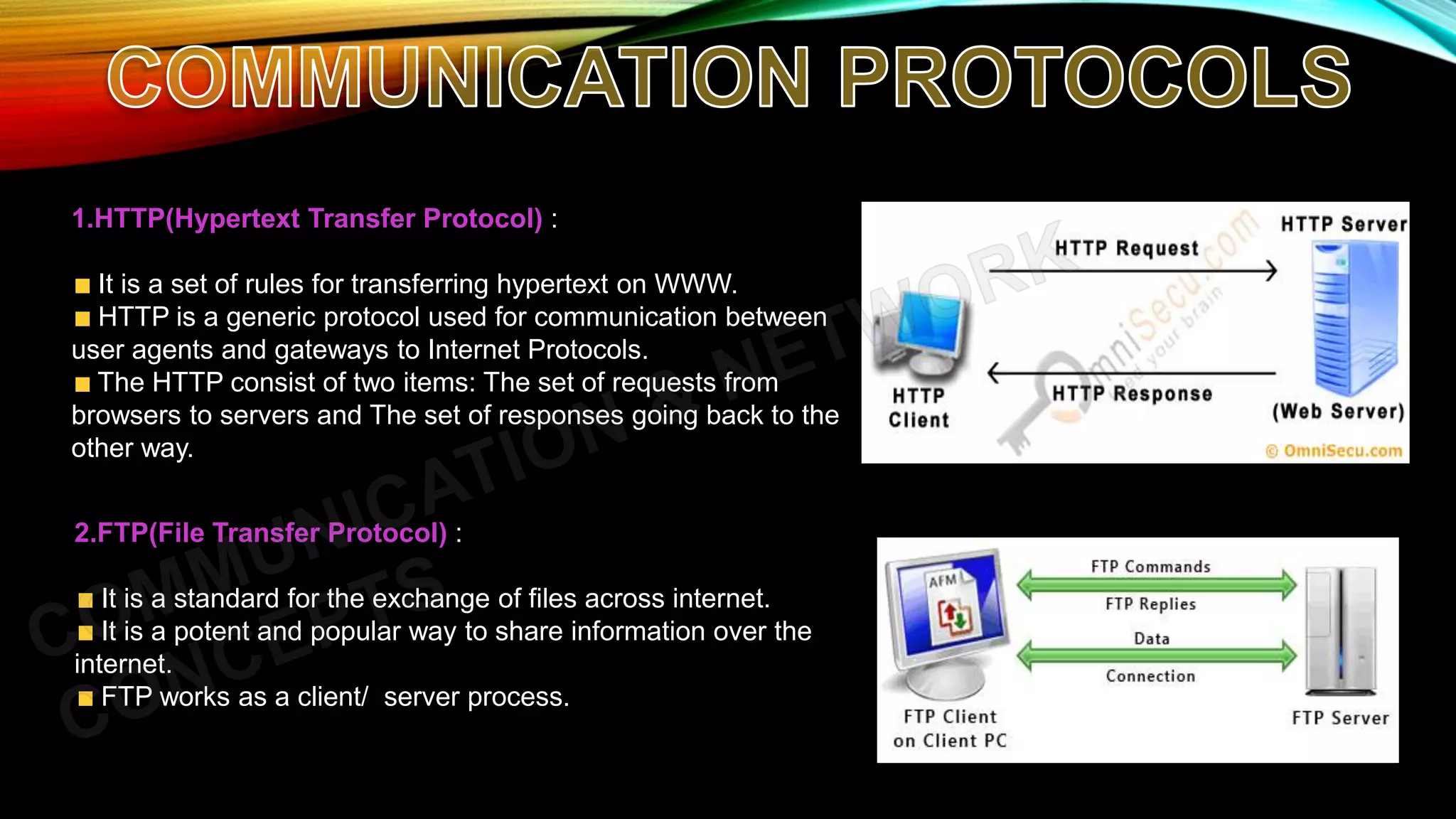 1.HTTP(Hypertext Transfer Protocol) :
It is a set of rules for transferring hypertext on WWW.
HTTP is a generic protocol used for communication between
user agents and gateways to Internet Protocols.
The HTTP consist of two items: The set of requests from
browsers to servers and The set of responses going back to the
other way.
2.FTP(File Transfer Protocol) :
It is a standard for the exchange of files across internet.
It is a potent and popular way to share information over the
internet.
FTP works as a client/ server process.
 